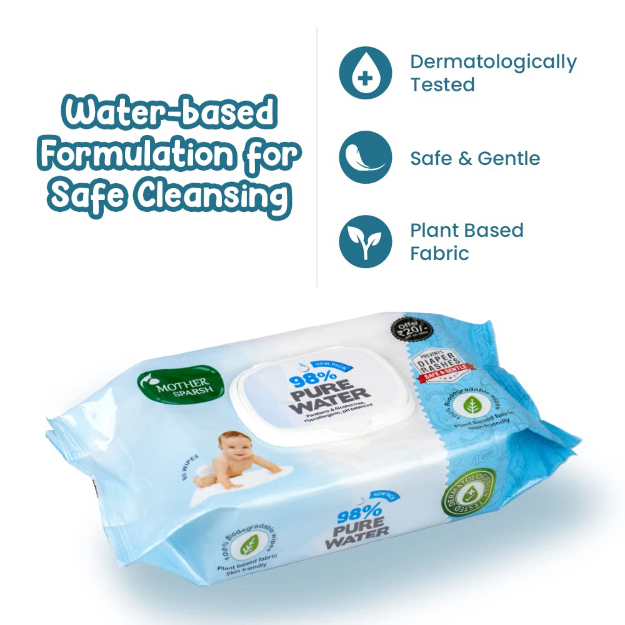 Mother Sparsh 98% Water Based Baby Wipes I Plant made Baby Wet Wipes I 80 Pcs