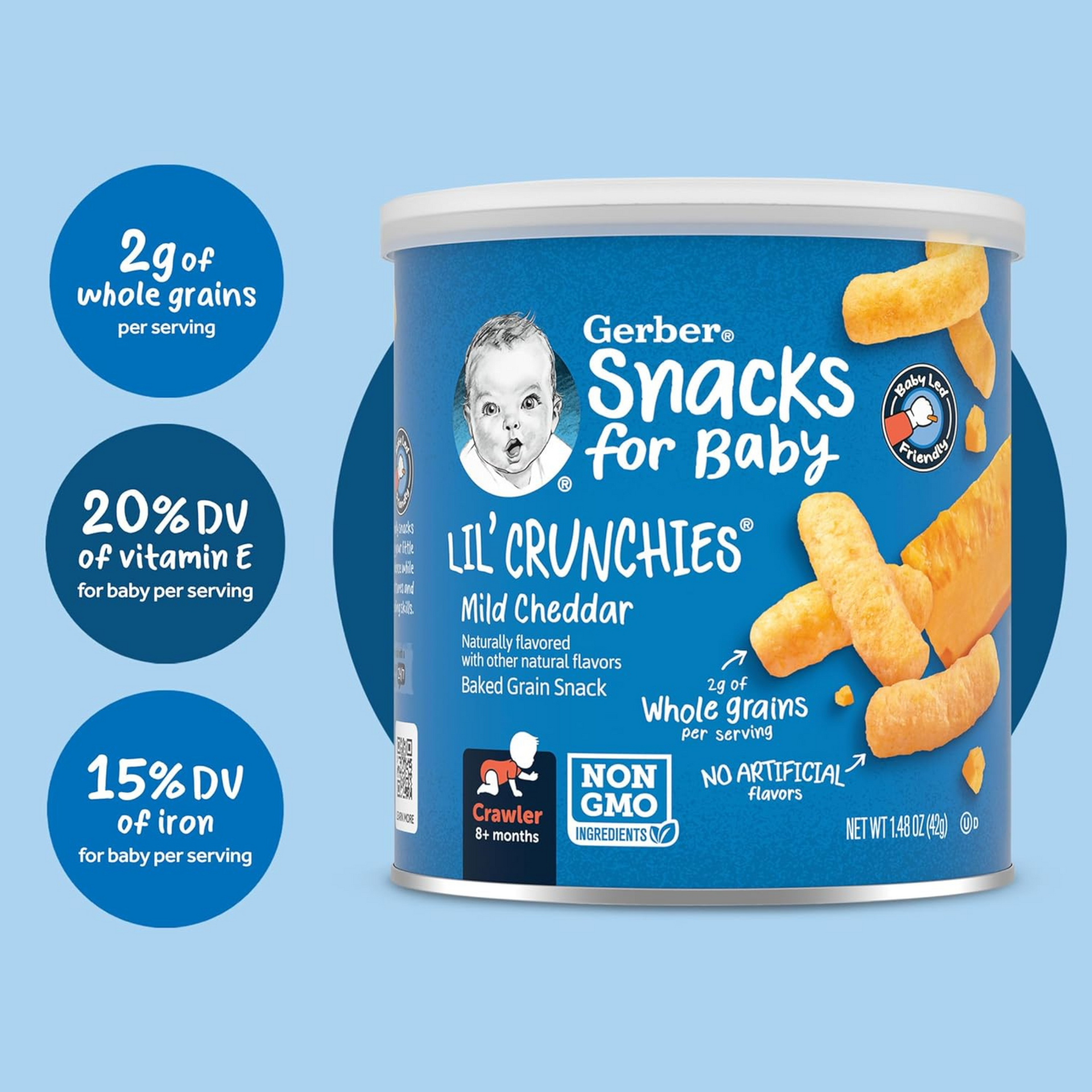 Gerber, Snacks for Baby, Lil' Crunchies, Baked Grain Snack, 8+ Months, Mild Cheddar, 1.48 oz (42 g)