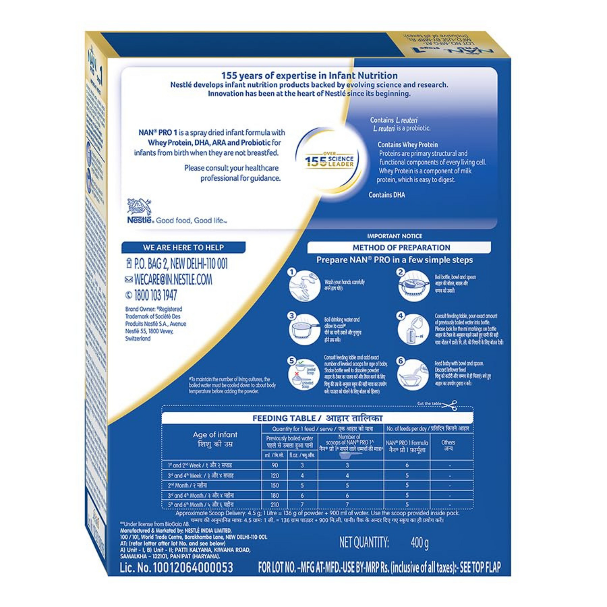 NAN PRO Stage 1 Infant Formula Milk Powder for babies (Up to 6 months) - with Probiotic, 400g Bag-In-Box Pack
