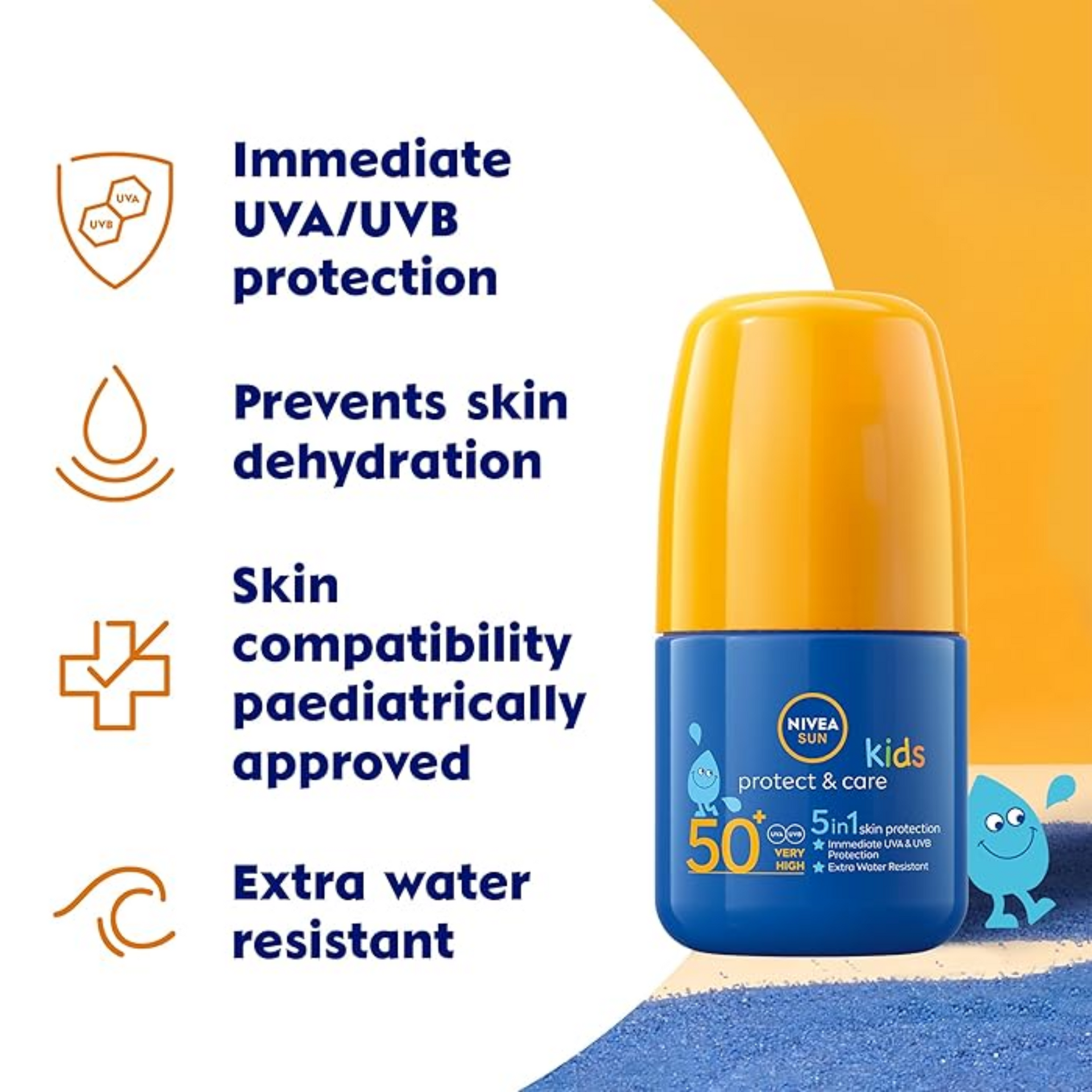 NIVEA Sun Kids Protect & Care SPF 50+ Roll On (50ml), Sunscreen with SPF 50, Roll-On Kids Sun Cream for Delicate Skin, Immediately Protects Against Sun Exposure.