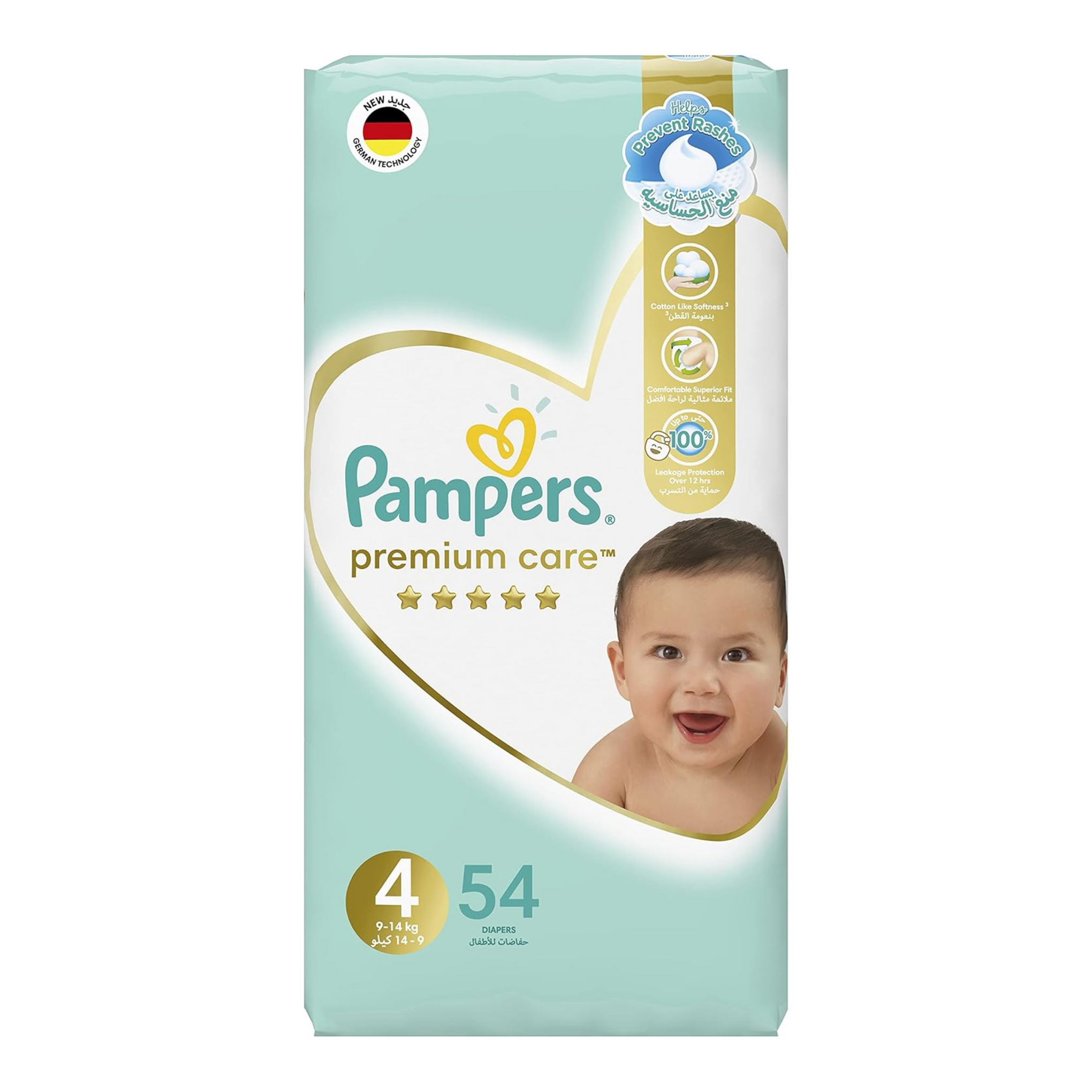 Pampers Premium Care Taped Baby Diapers, Size 4, 9-14 kg, Unique Softest Absorption for Ultimate Skin Protection, 54 Count