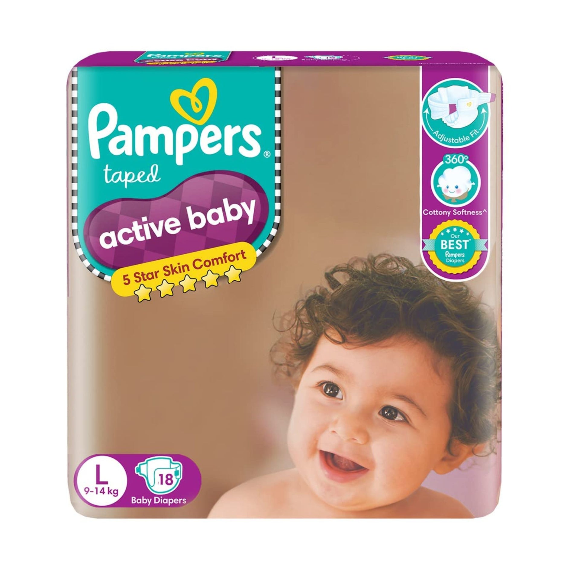 Pampers Active baby Tape Style Baby Diapers, Large-(9-14KG), Adjustable Fit with 5 Star Skin Protection Diapers