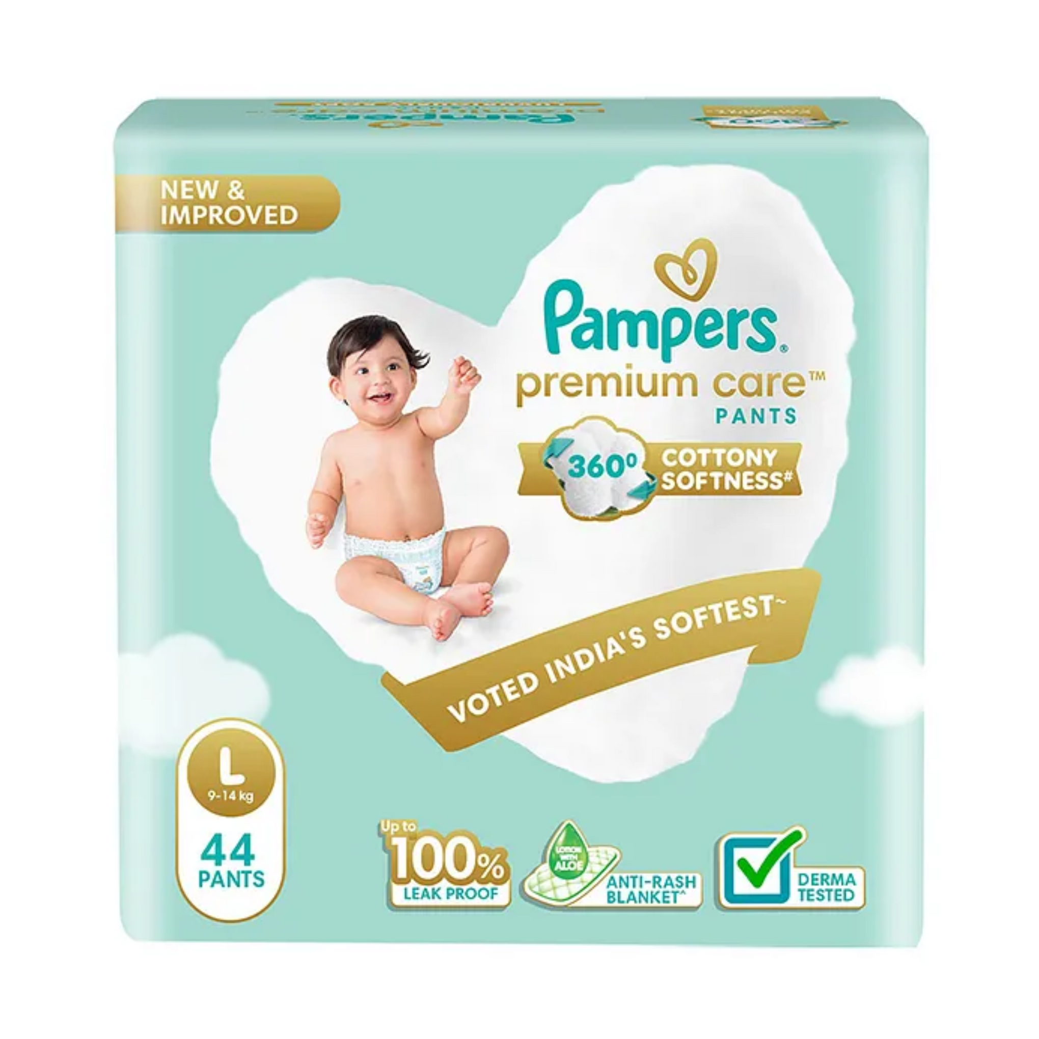 Pampers Premium Care Pant Style Baby Diapers, Large (L-9-14kg) All-in-1 with 360 Cottony Softness Diapers