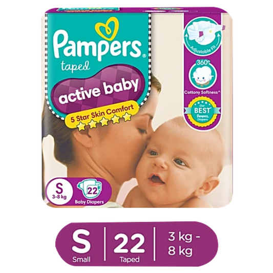 Pampers Active Baby Taped Diapers, Small size diapers, S-(4-8KG), taped style custom fit