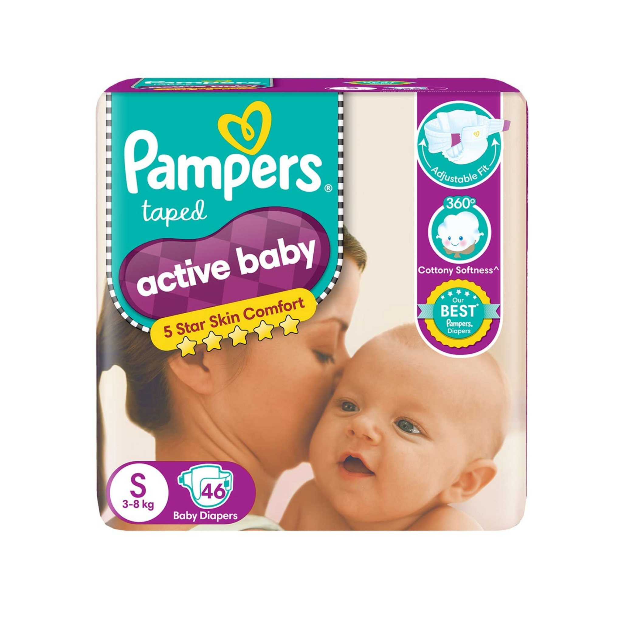 Pampers Active Baby Taped Diapers, Small size diapers, S-(4-8KG), taped style custom fit