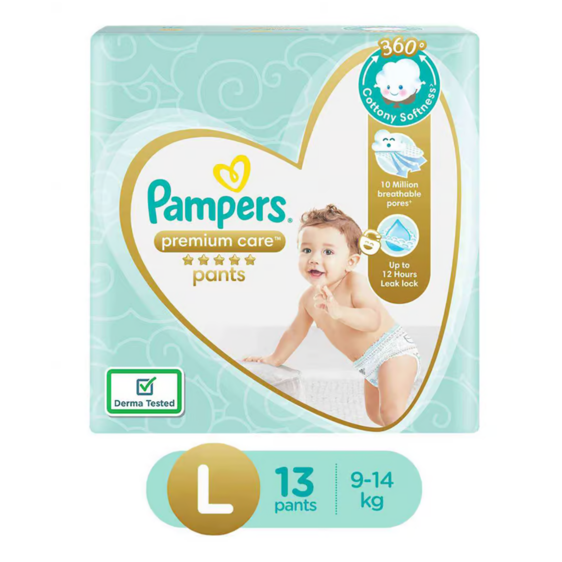 Pampers Premium Care Pant Style Baby Diapers, Large (L-9-14kg) All-in-1 with 360 Cottony Softness Diapers