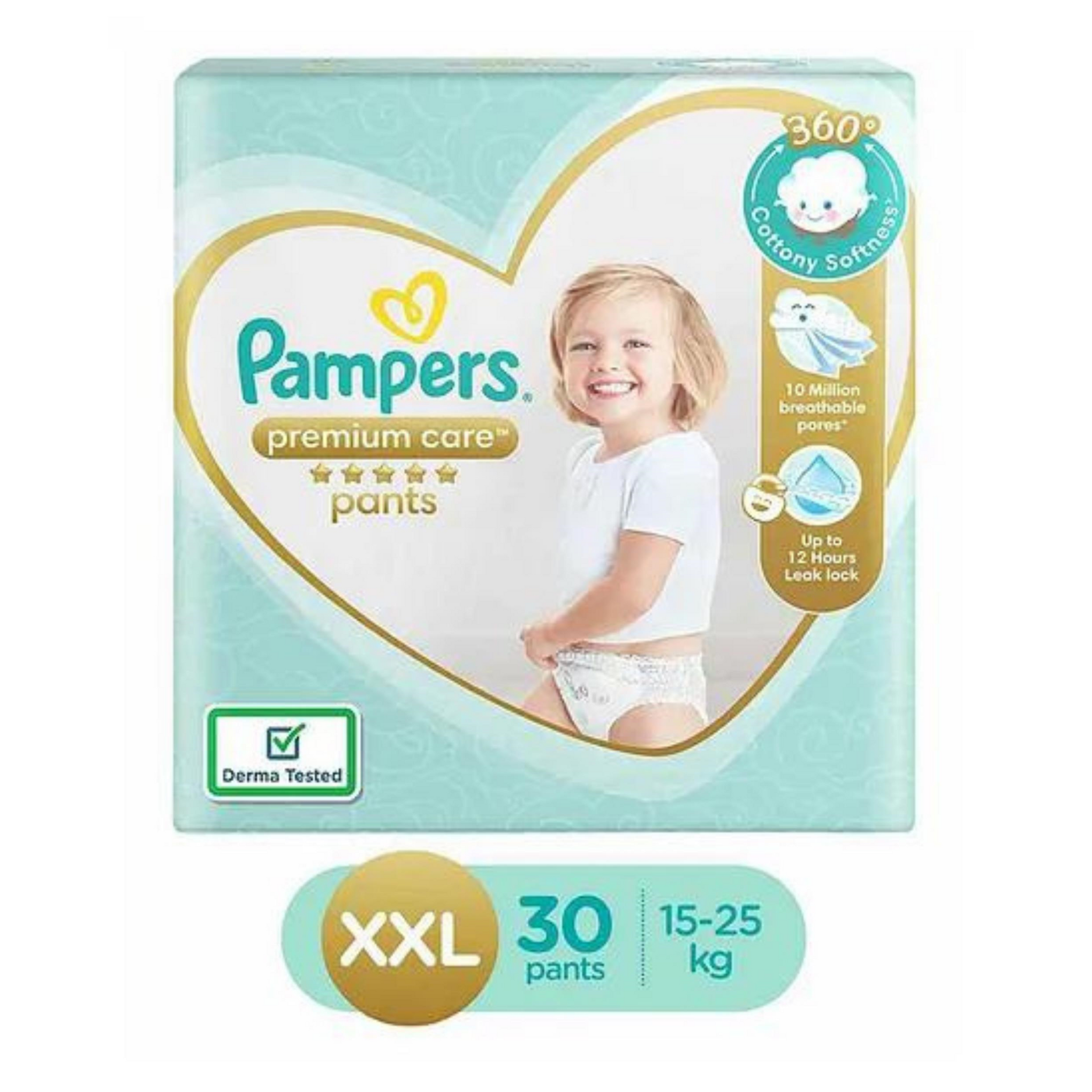 Pampers Premium Care Pants, Double Extra Large size baby diapers (XXL), 30 Count, Softest ever Pampers pants