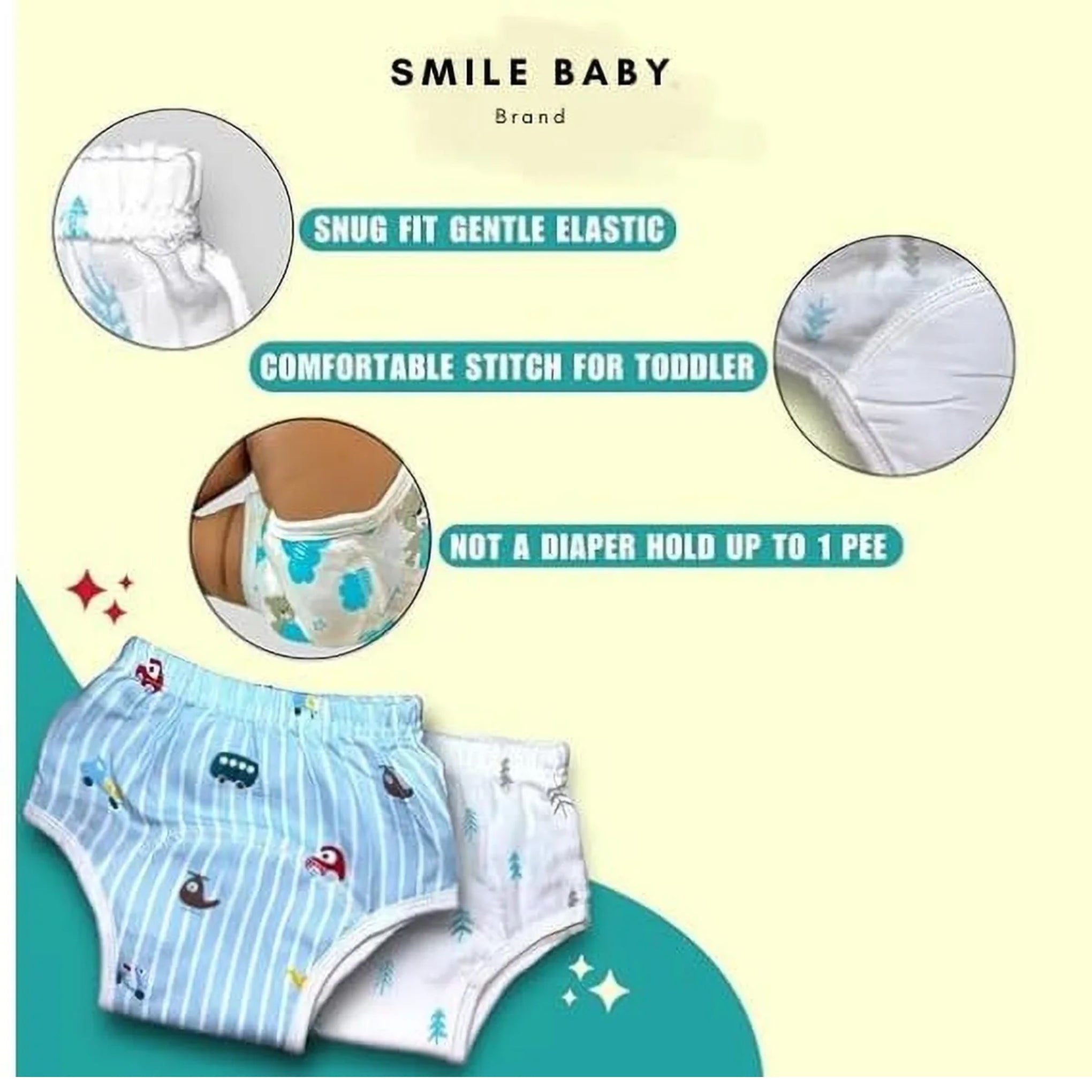 SMILE BABY Unisex-Baby Muslin Cotton Padded Underwear/Potty Training Pant Pack of 2. *(Print Design as per The Availability)* (0-3 Months)