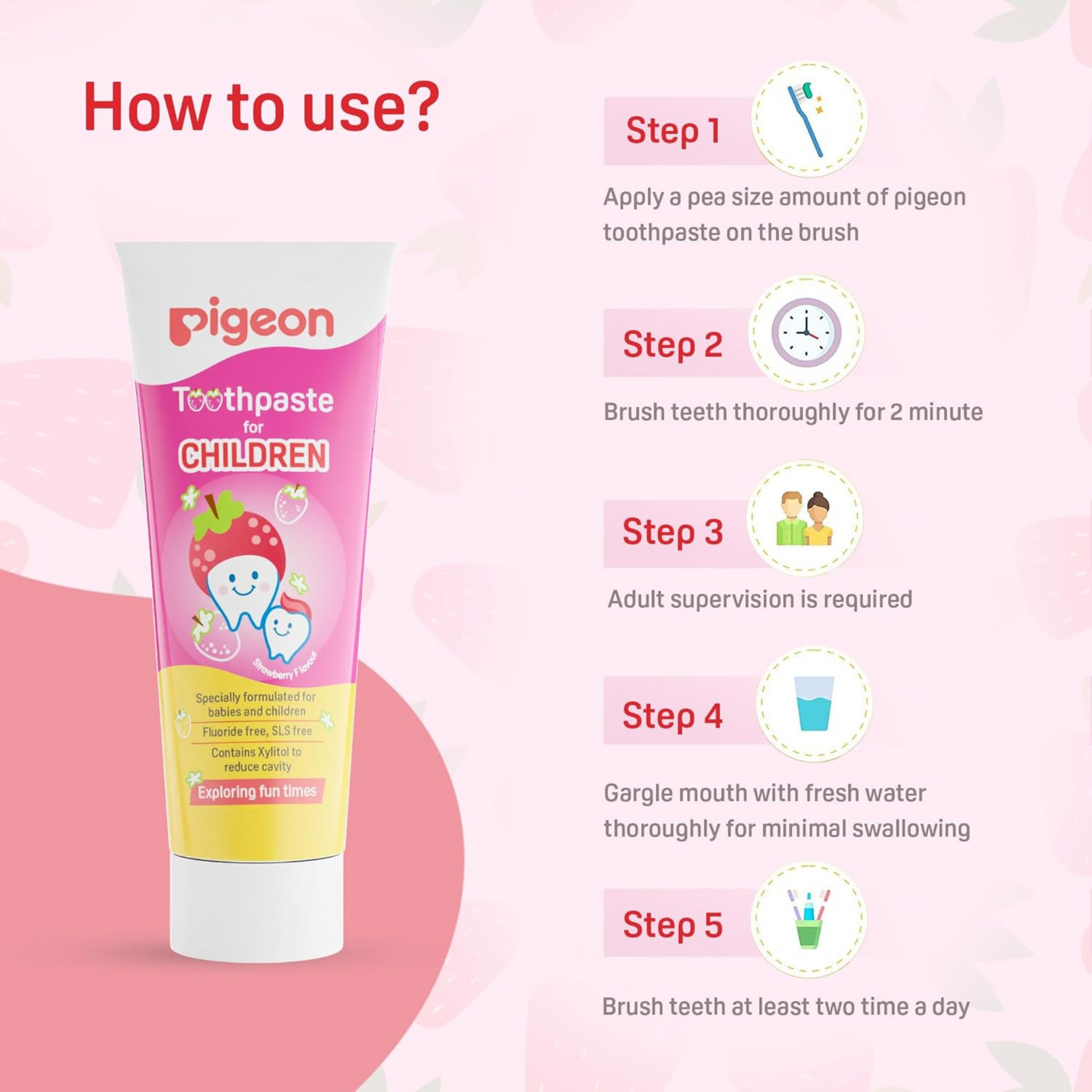 Pigeon Strawberry Toothpaste, For Babies And Children,Fluroide -Free,Sls Free,Color Free,Paraben Free, Ph Friendly,45 G, Deep clean