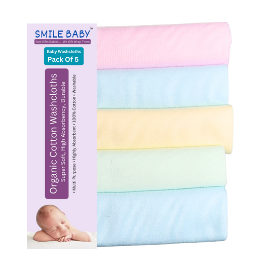 Smile Baby Washcloth for New Born 100% Hosiery Cotton/Reusable Extra Soft Face Towels washcloth for Babies (5 pieces) Color may vary (Pack of 1)