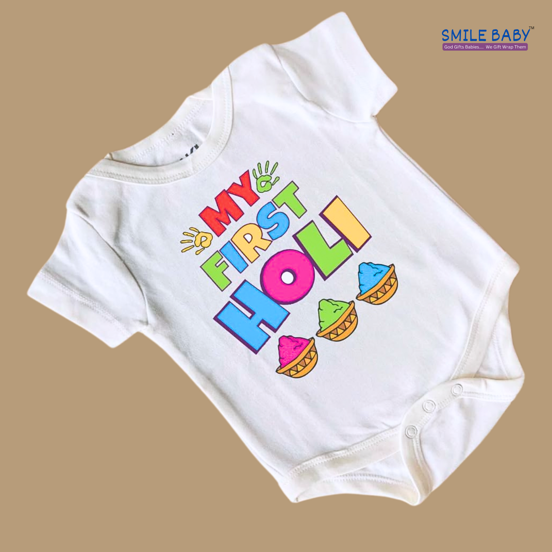 Smile Baby Baby’s First Holi Bodysuit Rompers | Holi Celebration Cotton Romper | 0m to 6 Month Baby Boys And Girls Bodysuit Rompers