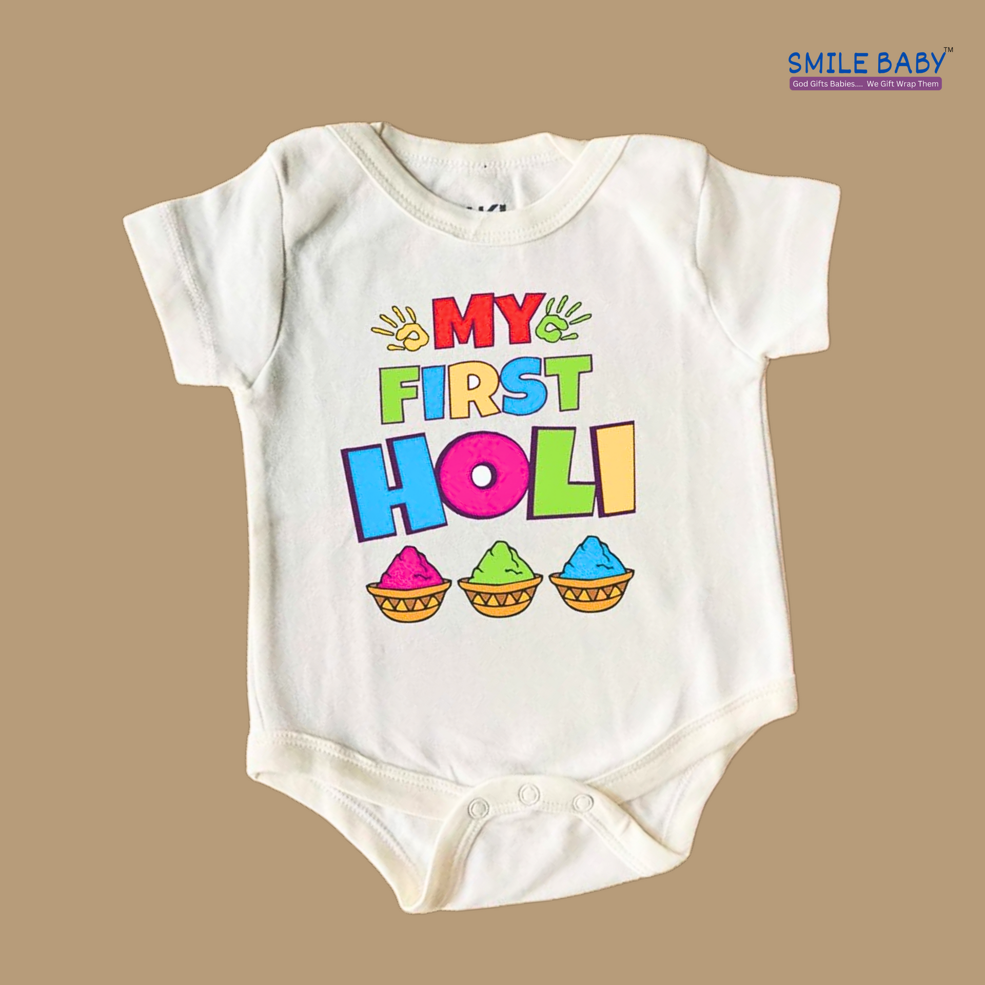 Smile Baby Baby’s First Holi Bodysuit Rompers | Holi Celebration Cotton Romper | 0m to 6 Month Baby Boys And Girls Bodysuit Rompers