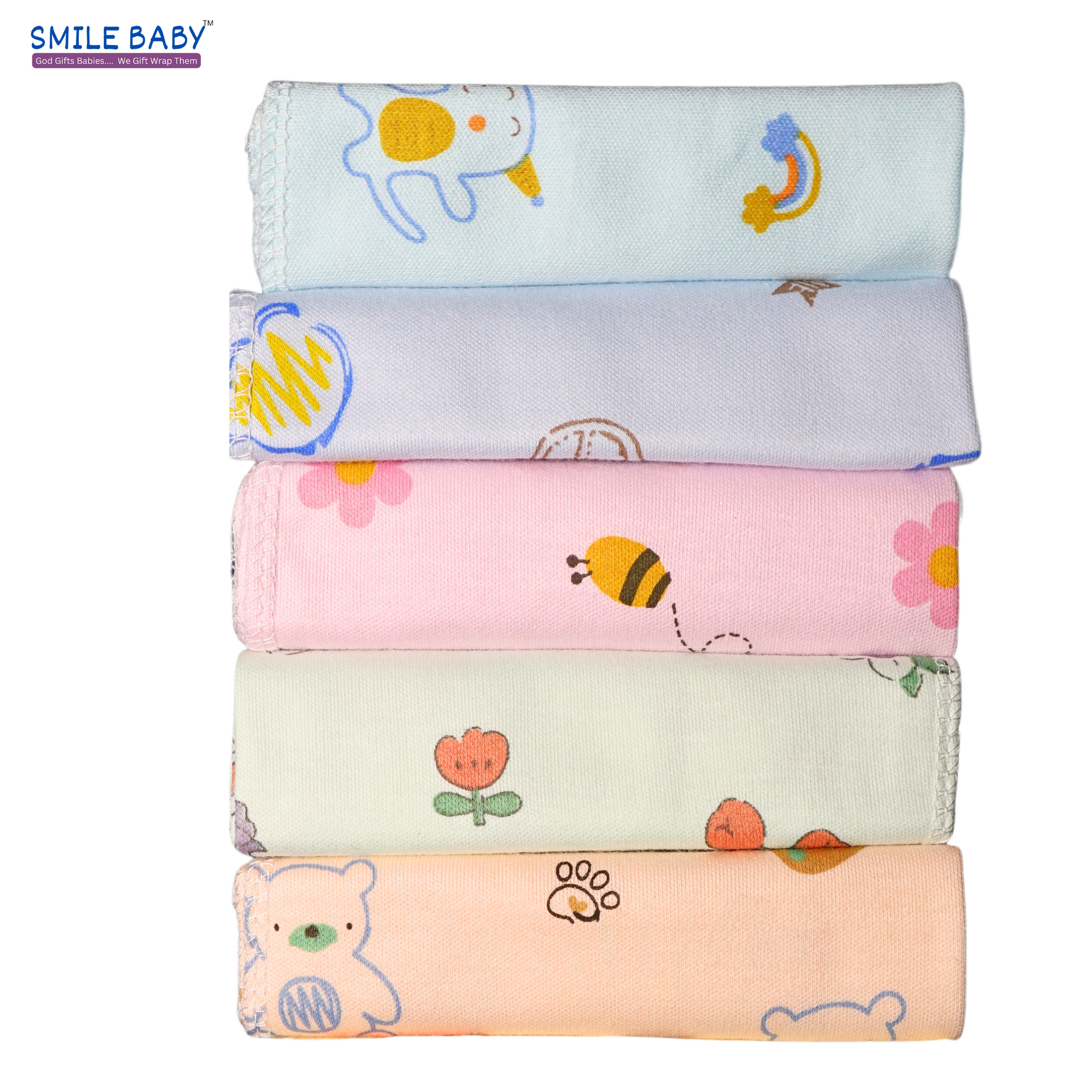 Smile Baby Face Napkin for New Born | Washable, Reusable Extra Soft Baby Face Napkin (5 pieces) Multi Color Pack of 1
