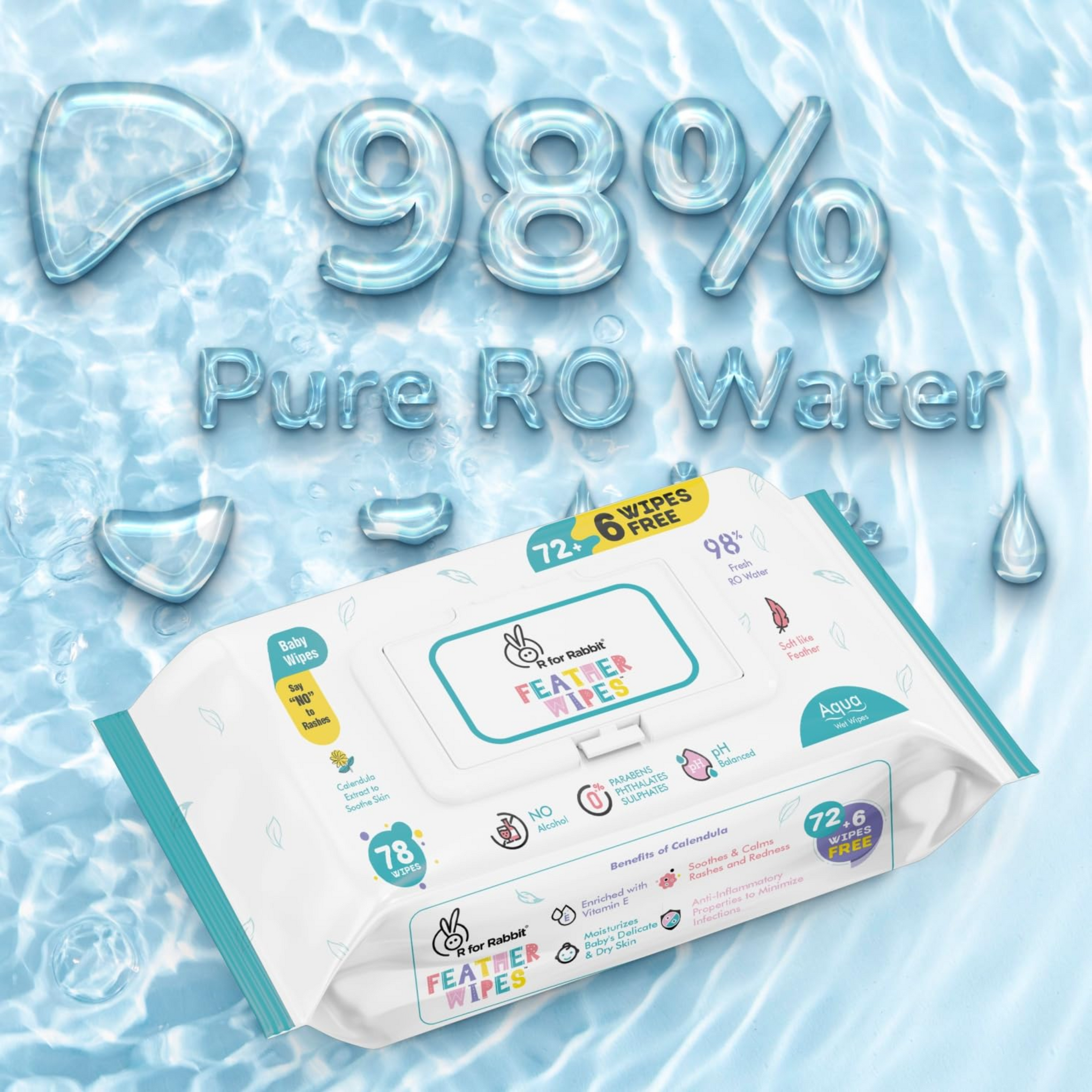 R For Rabbit Feather Aqua Baby Wipes Combo Pack Of 72 Units | Pure Water Wet Wipes for Babies With Lid