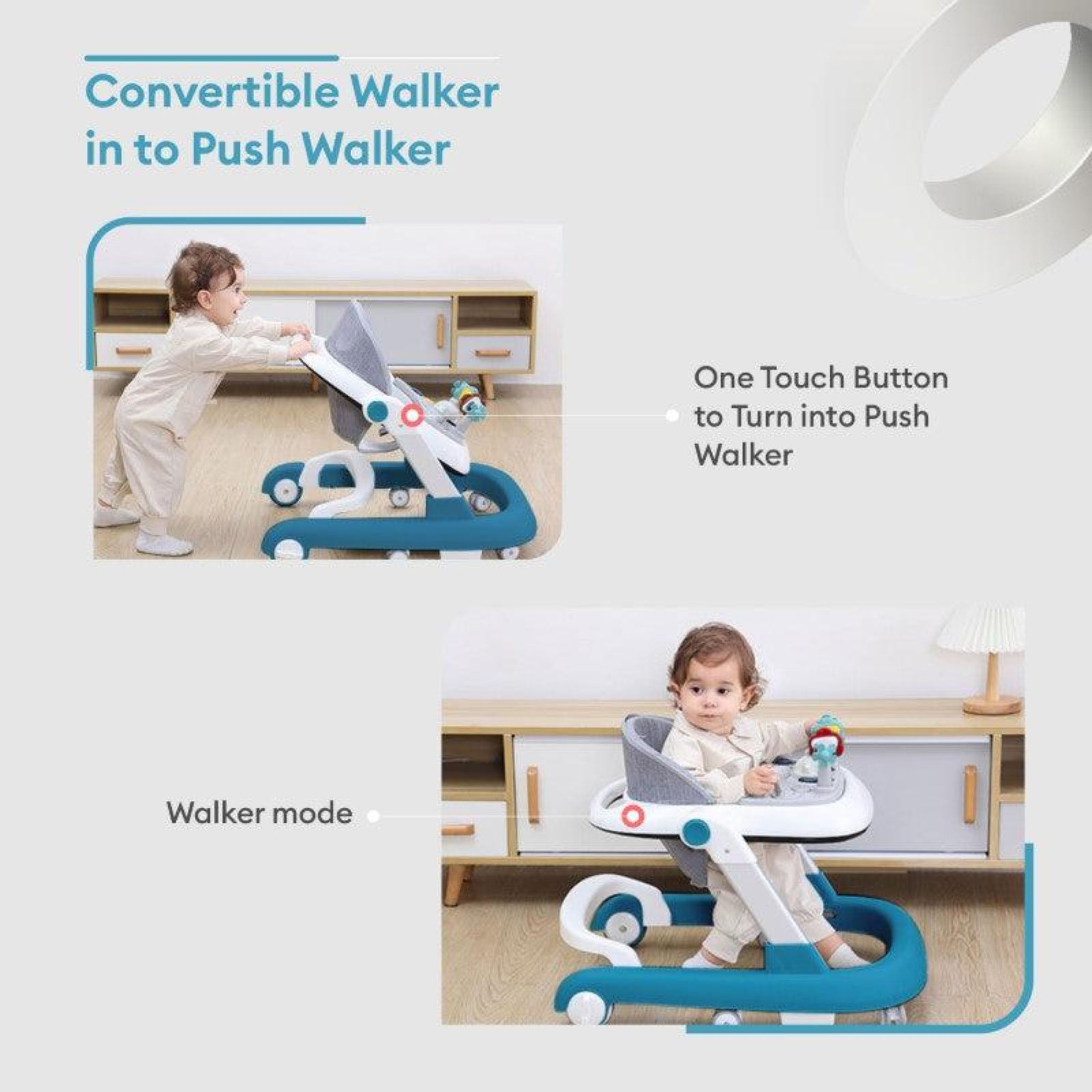 R for Rabbit Little Feet Walker Baby Anti Fall Convertible Push Walker for 6-8 Months Kids with Adjustable Speed Wheels, 2 Levels Height Adjustment Detachable Toy Bar with Music -Light (Blue)