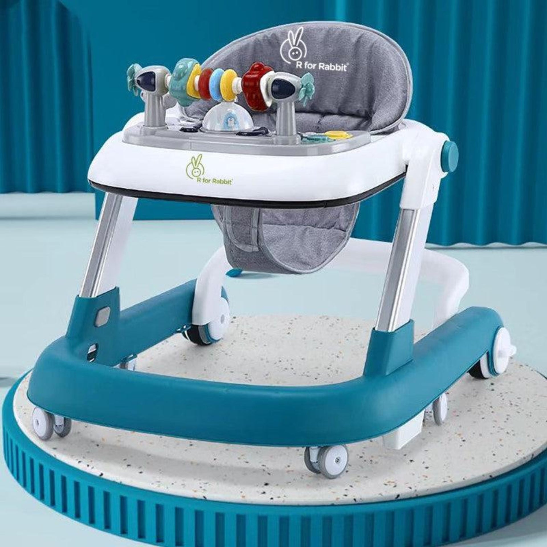 R for Rabbit Little Feet Walker Baby Anti Fall Convertible Push Walker for 6-8 Months Kids with Adjustable Speed Wheels, 2 Levels Height Adjustment Detachable Toy Bar with Music -Light (Blue)