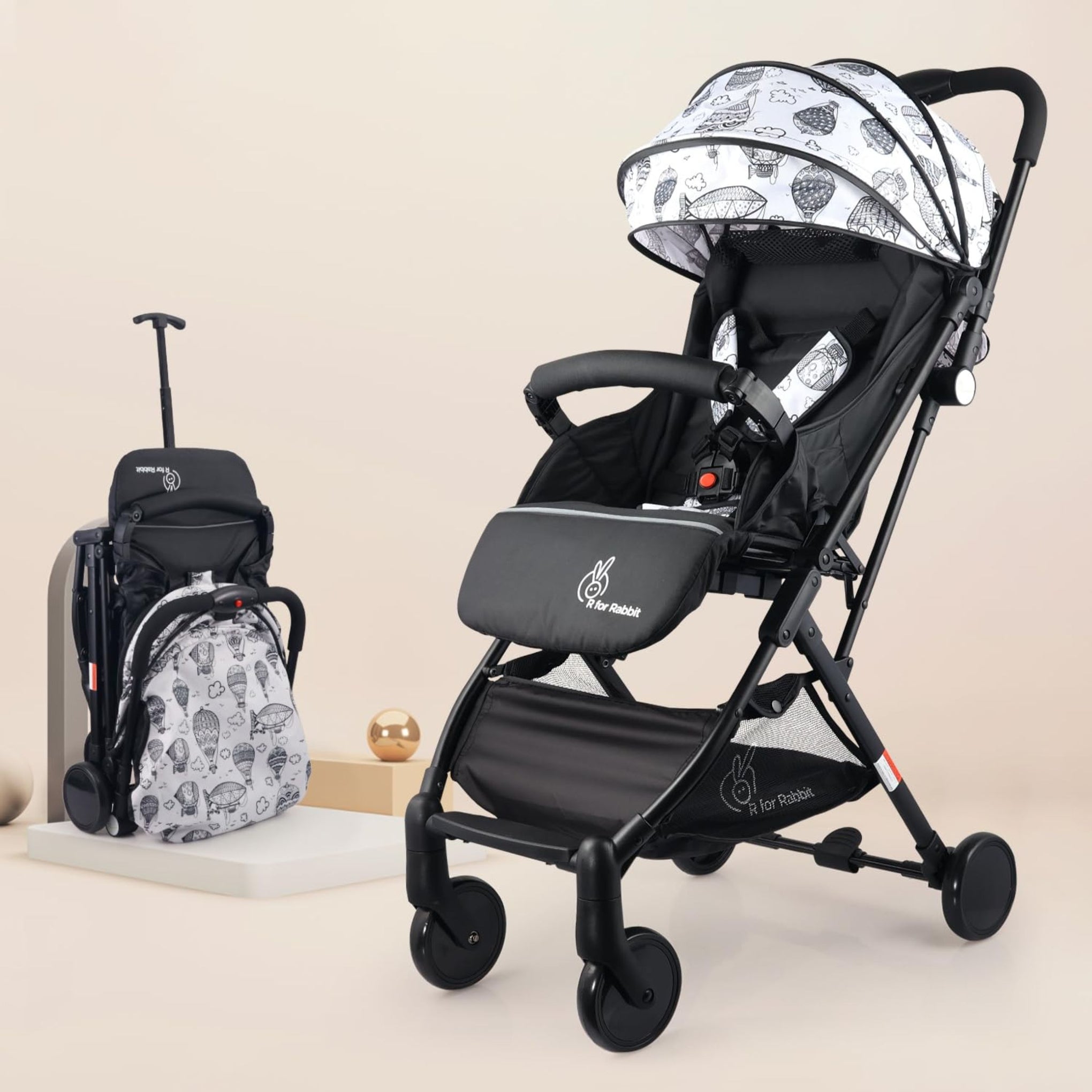 R for Rabbit Pocket Stroller Lite Stroller for Kids | Portable Travel Friendly Pre Installed Baby Trolley Pram for Newborn Boys & Girls of Age 0-3 Years (Black White)