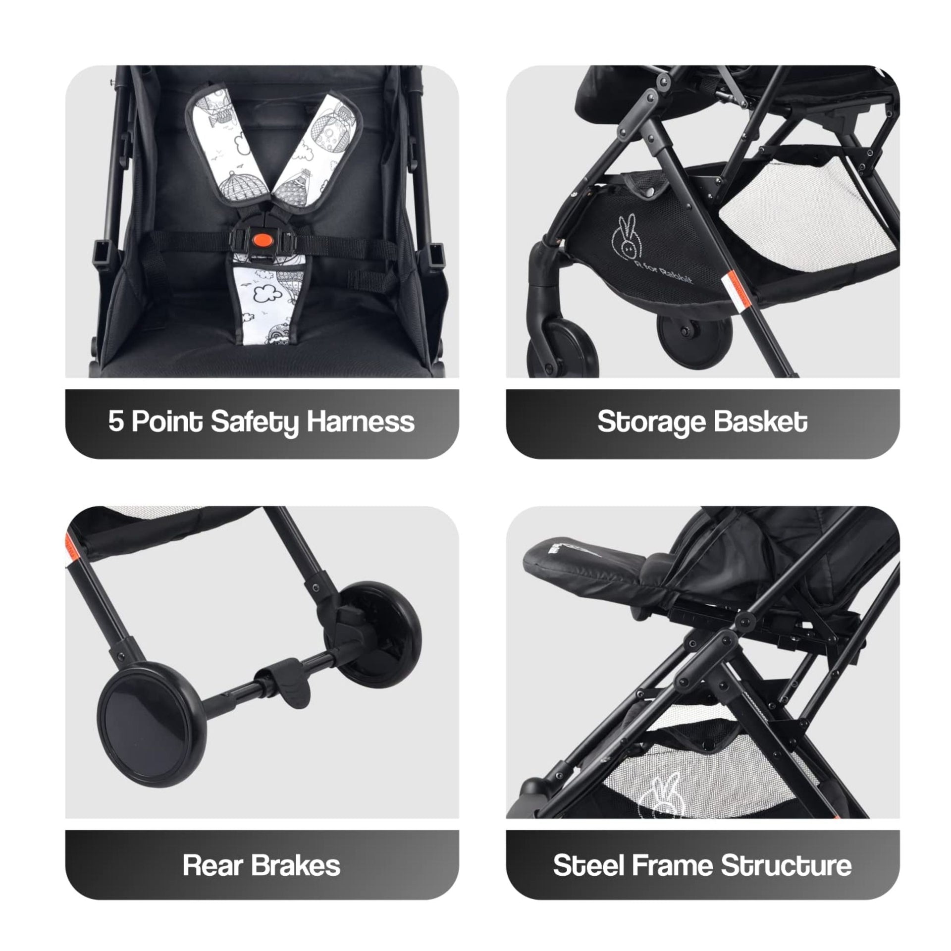 R for Rabbit Pocket Stroller Lite Stroller for Kids | Portable Travel Friendly Pre Installed Baby Trolley Pram for Newborn Boys & Girls of Age 0-3 Years (Black White)