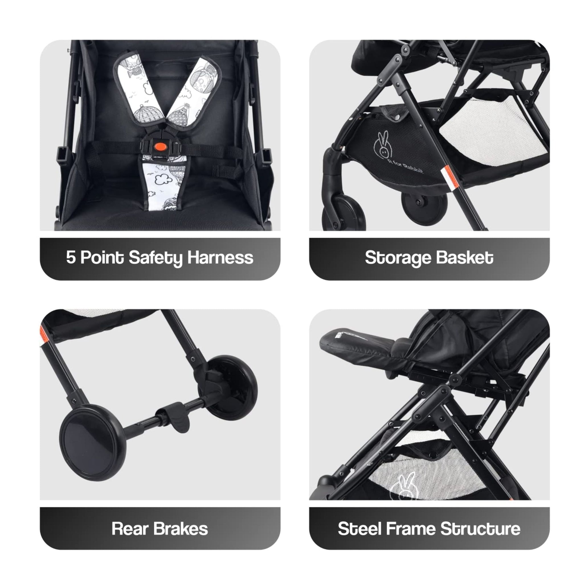 R for Rabbit Pocket Stroller Lite Stroller for Kids | Portable Travel Friendly Pre Installed Baby Trolley Pram for Newborn Boys & Girls of Age 0-3 Years (Black White)