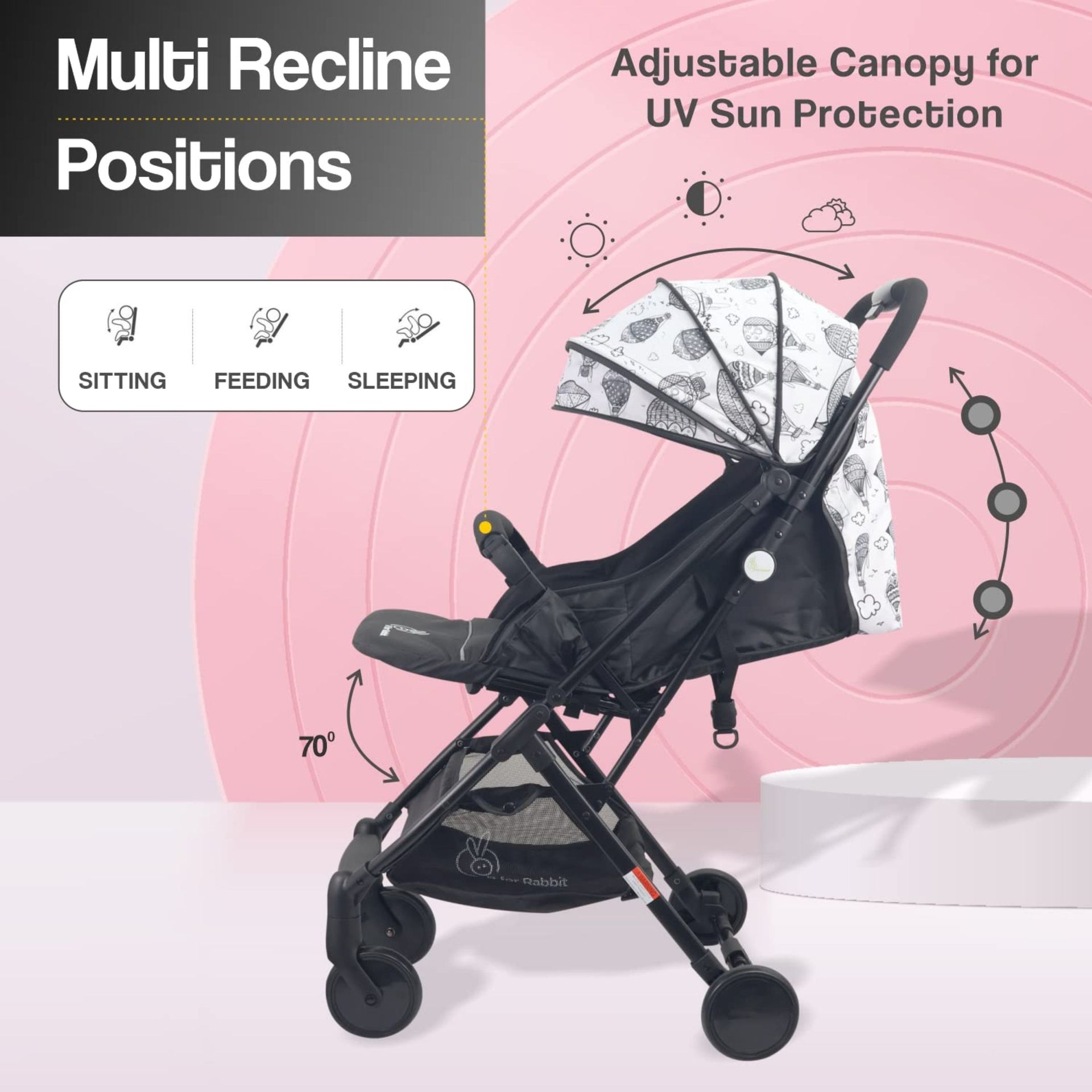 R for Rabbit Pocket Stroller Lite Stroller for Kids | Portable Travel Friendly Pre Installed Baby Trolley Pram for Newborn Boys & Girls of Age 0-3 Years (Black White)