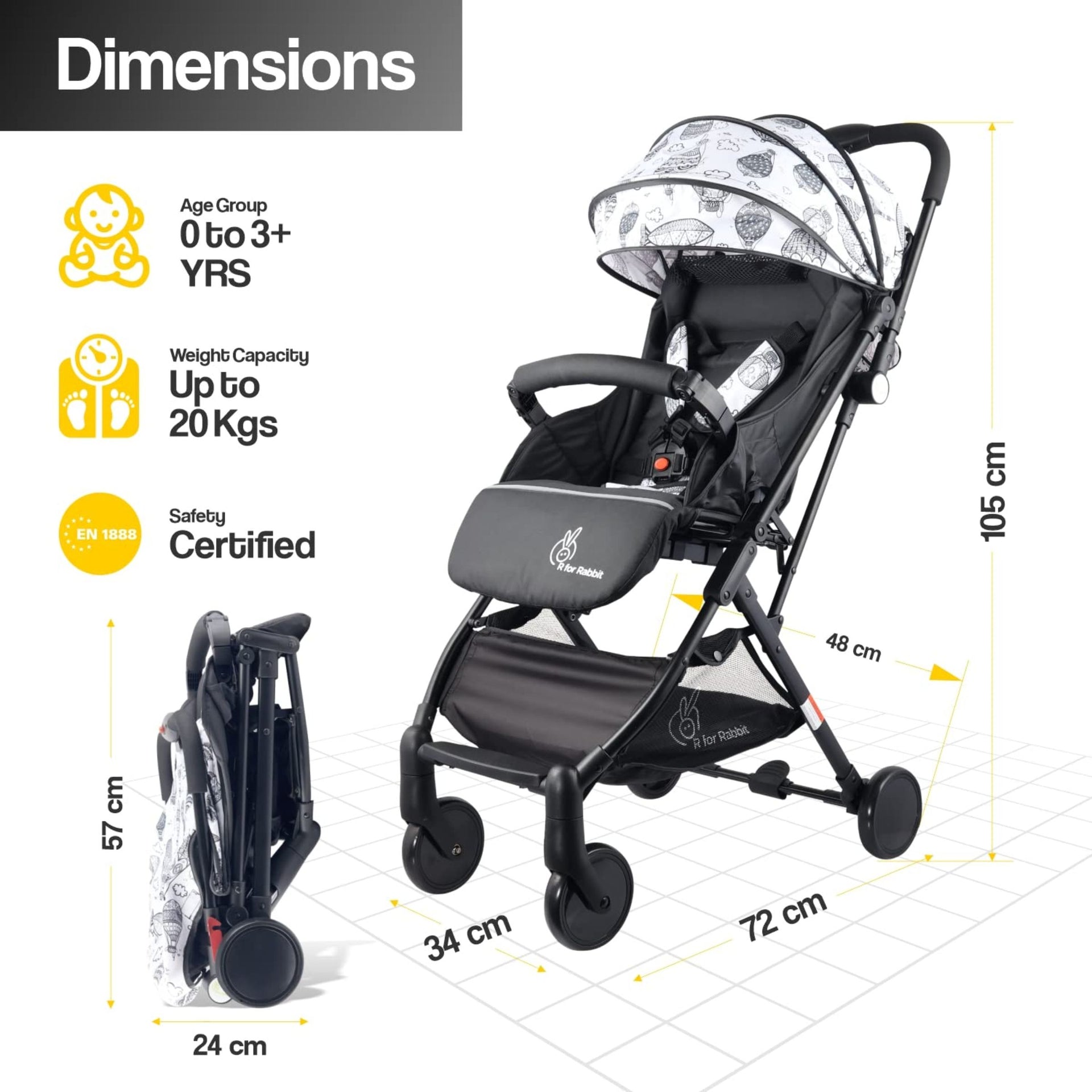 R for Rabbit Pocket Stroller Lite Stroller for Kids | Portable Travel Friendly Pre Installed Baby Trolley Pram for Newborn Boys & Girls of Age 0-3 Years (Black White)