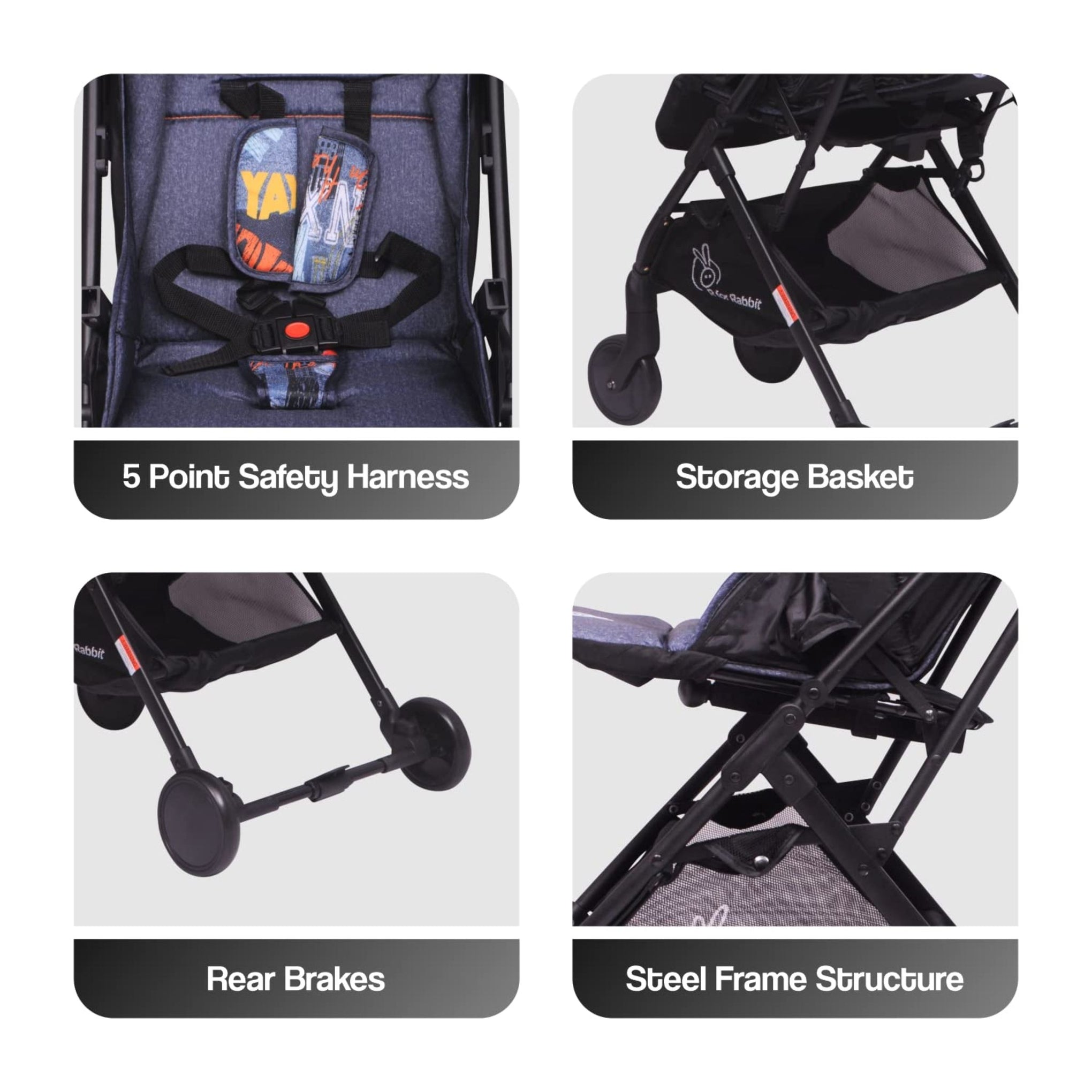 R for Rabbit Pocket Stroller Lite Stroller for Kids | Portable Travel Friendly Pre Installed Baby Trolley Pram for Newborn Boys & Girls of Age 0-3 Years (Grey)