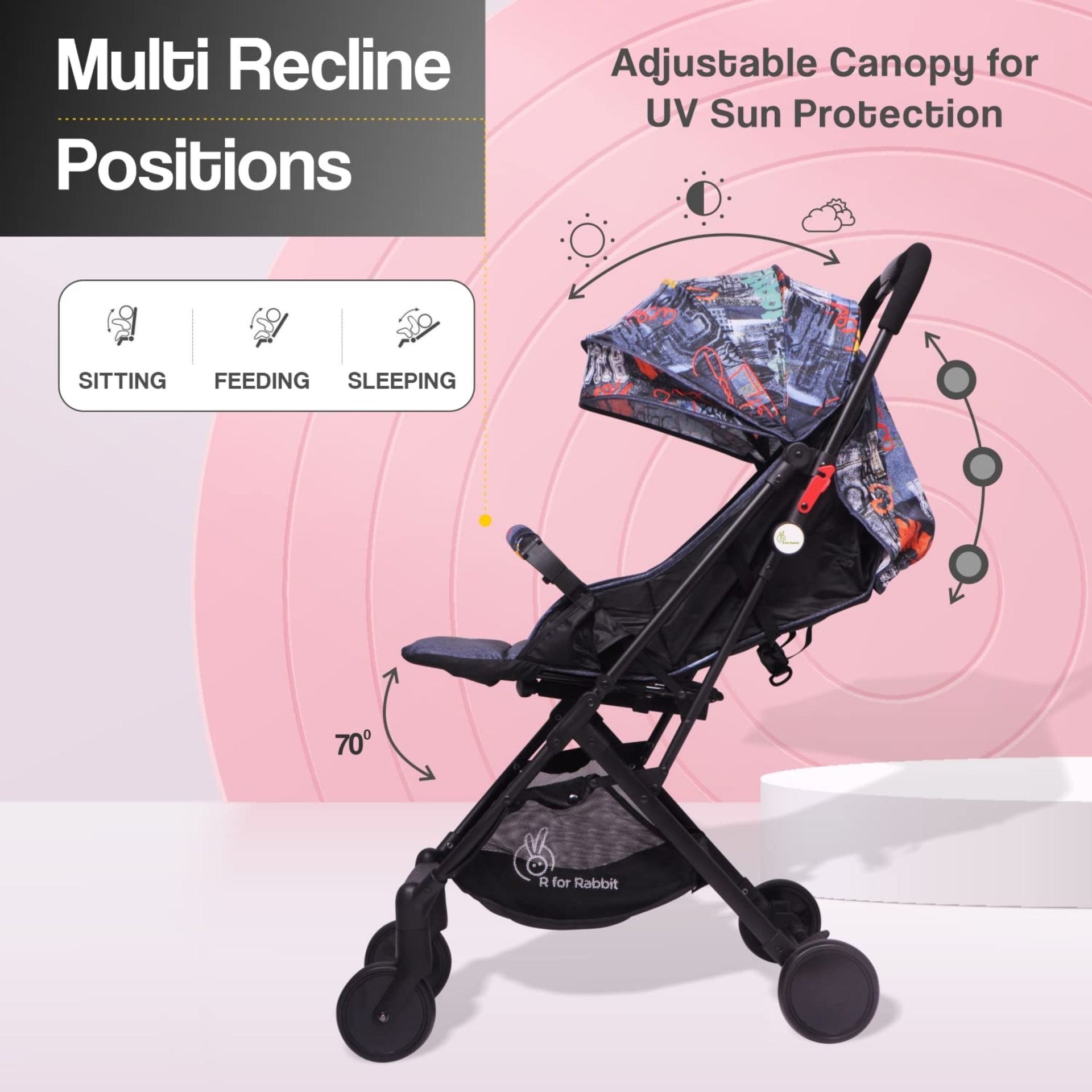 R for Rabbit Pocket Stroller Lite Stroller for Kids | Portable Travel Friendly Pre Installed Baby Trolley Pram for Newborn Boys & Girls of Age 0-3 Years (Grey)