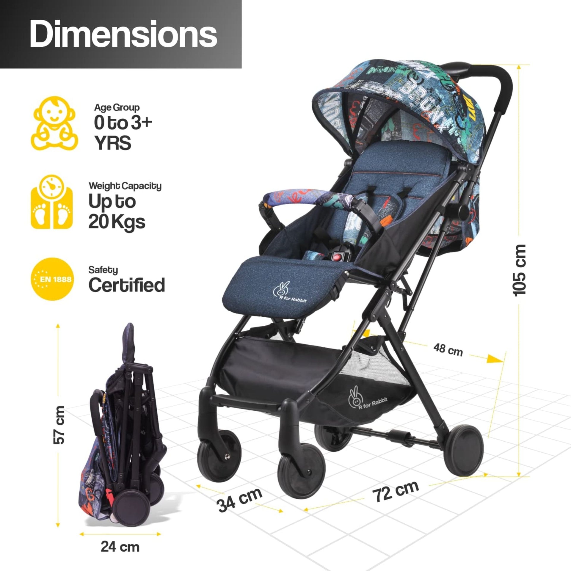 R for Rabbit Pocket Stroller Lite Stroller for Kids | Portable Travel Friendly Pre Installed Baby Trolley Pram for Newborn Boys & Girls of Age 0-3 Years (Grey)