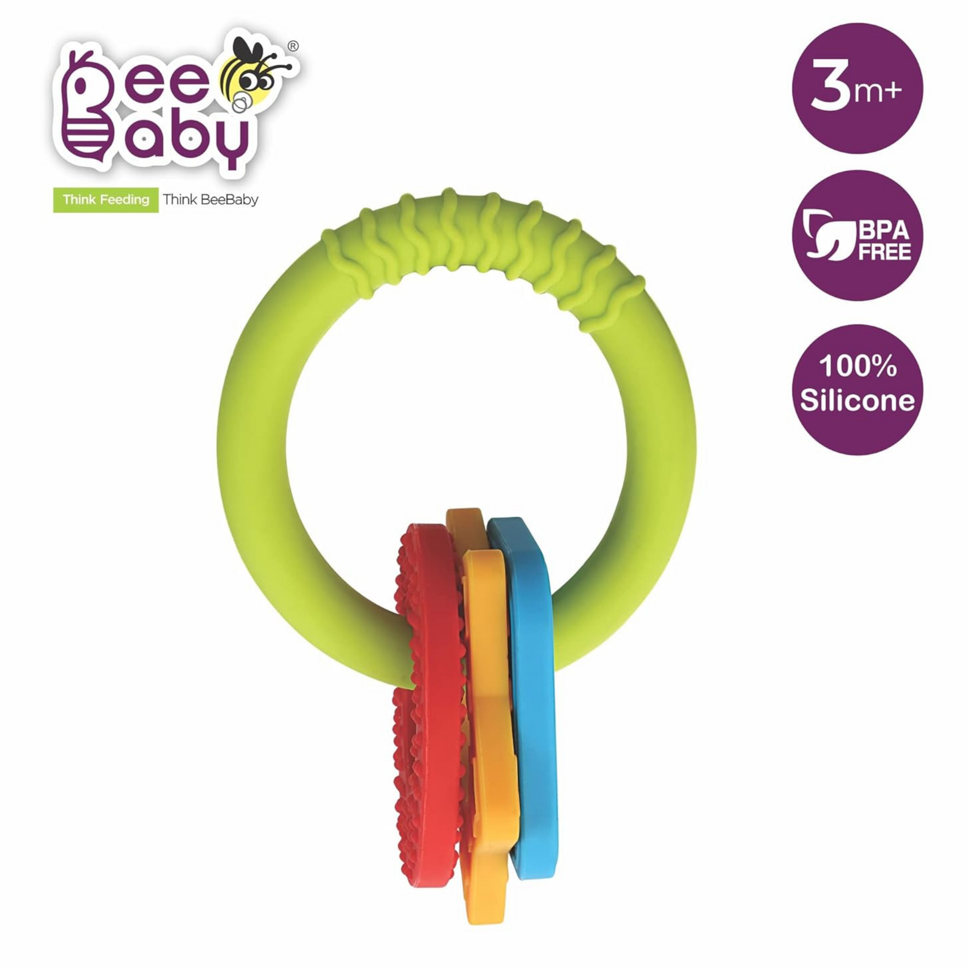 BeeBaby Chewy Trinkets Soft Silicone Teether for 6 to 12 Months Baby, BPA Free Teething Toy for Babies with Multiple Textured Surface for Soothing Gums. 100% Food Grade (Geometrical Shape)