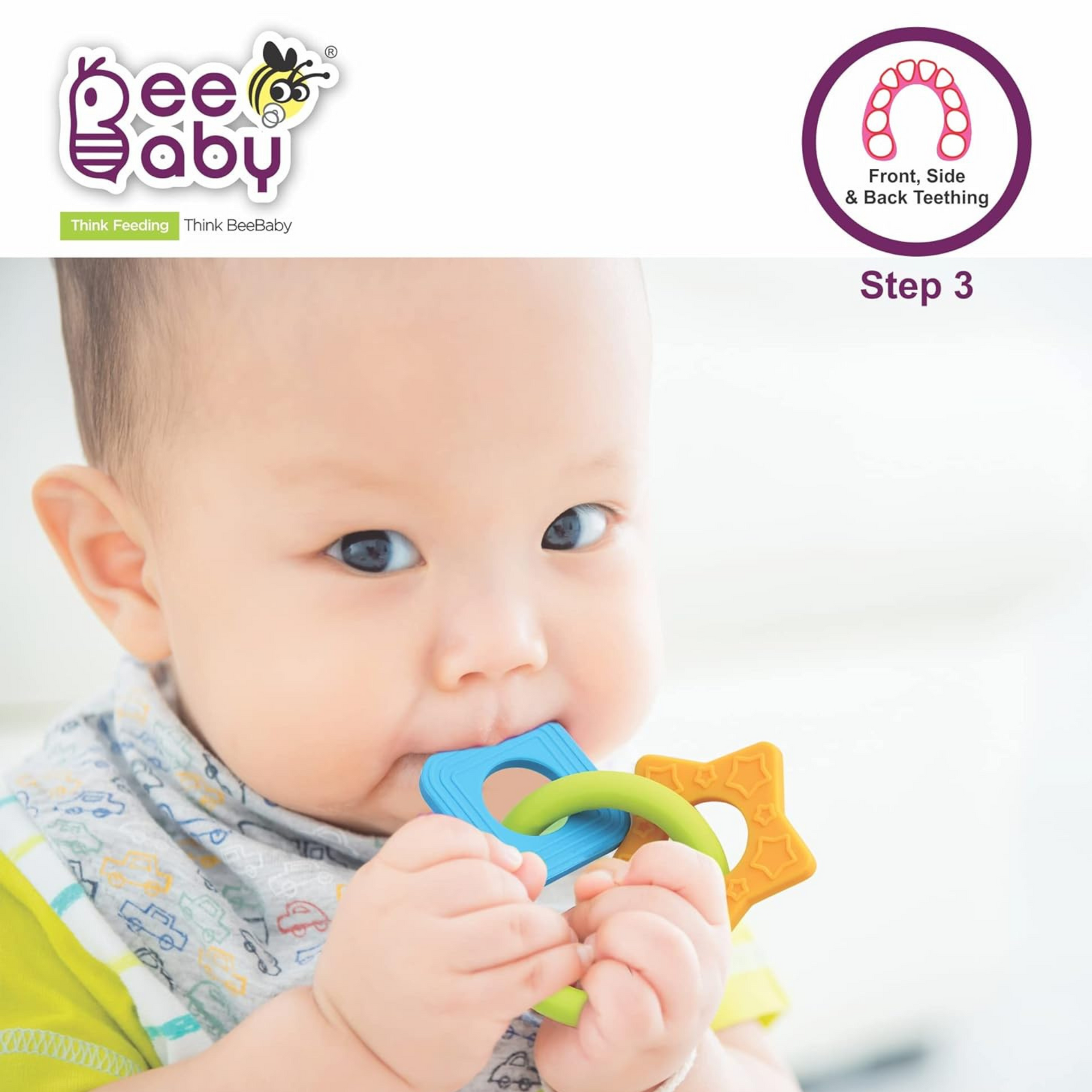 BeeBaby Chewy Trinkets Soft Silicone Teether for 6 to 12 Months Baby, BPA Free Teething Toy for Babies with Multiple Textured Surface for Soothing Gums. 100% Food Grade (Geometrical Shape)