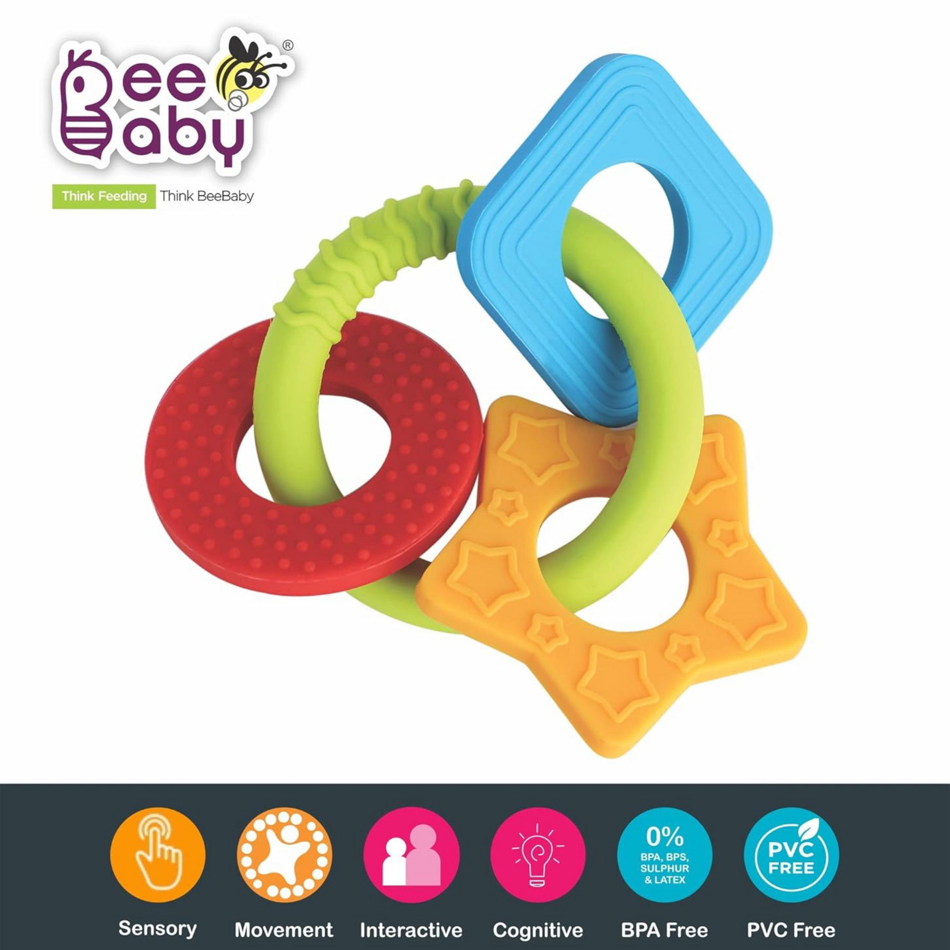 BeeBaby Chewy Trinkets Soft Silicone Teether for 6 to 12 Months Baby, BPA Free Teething Toy for Babies with Multiple Textured Surface for Soothing Gums. 100% Food Grade (Geometrical Shape)