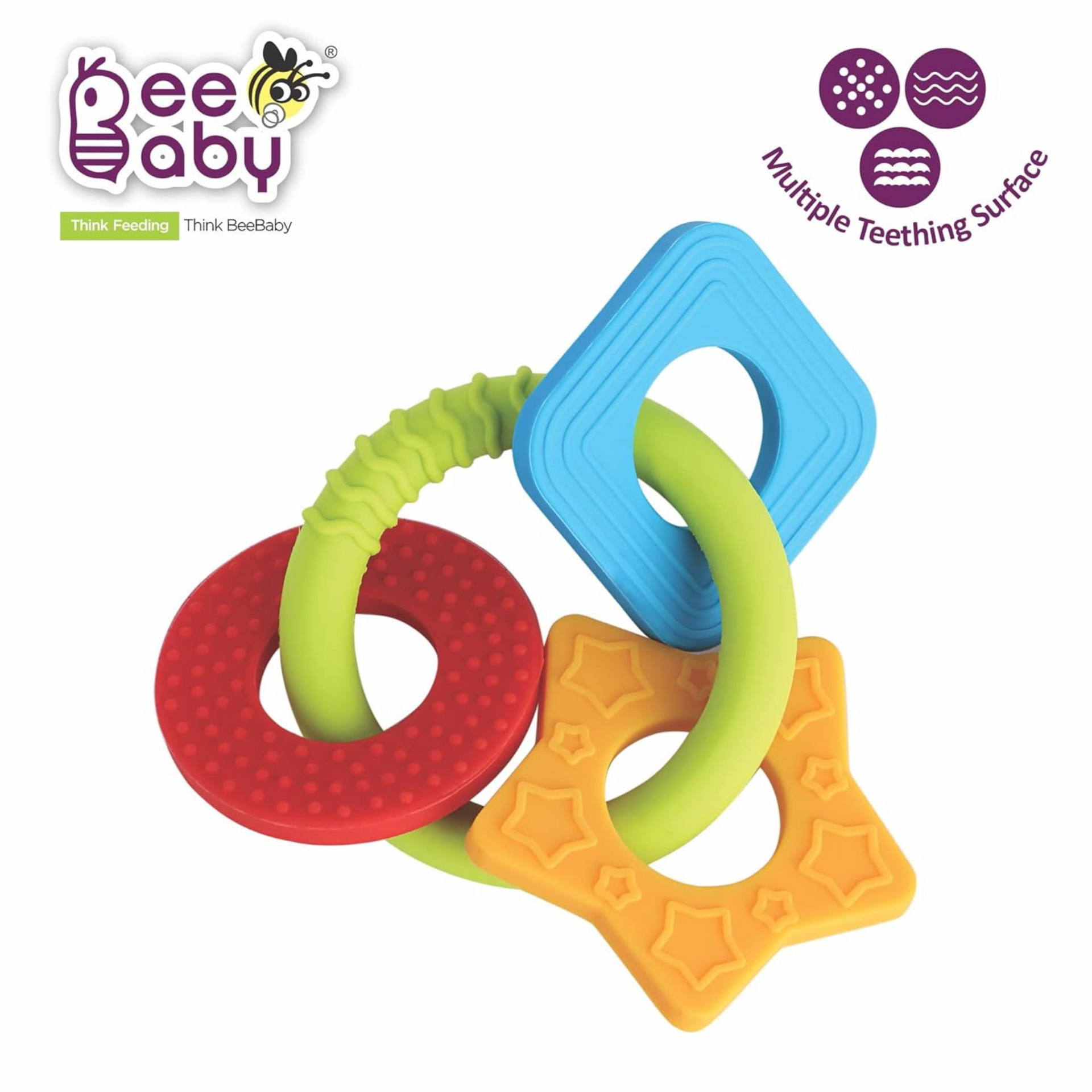 BeeBaby Chewy Trinkets Soft Silicone Teether for 6 to 12 Months Baby, BPA Free Teething Toy for Babies with Multiple Textured Surface for Soothing Gums. 100% Food Grade (Geometrical Shape)