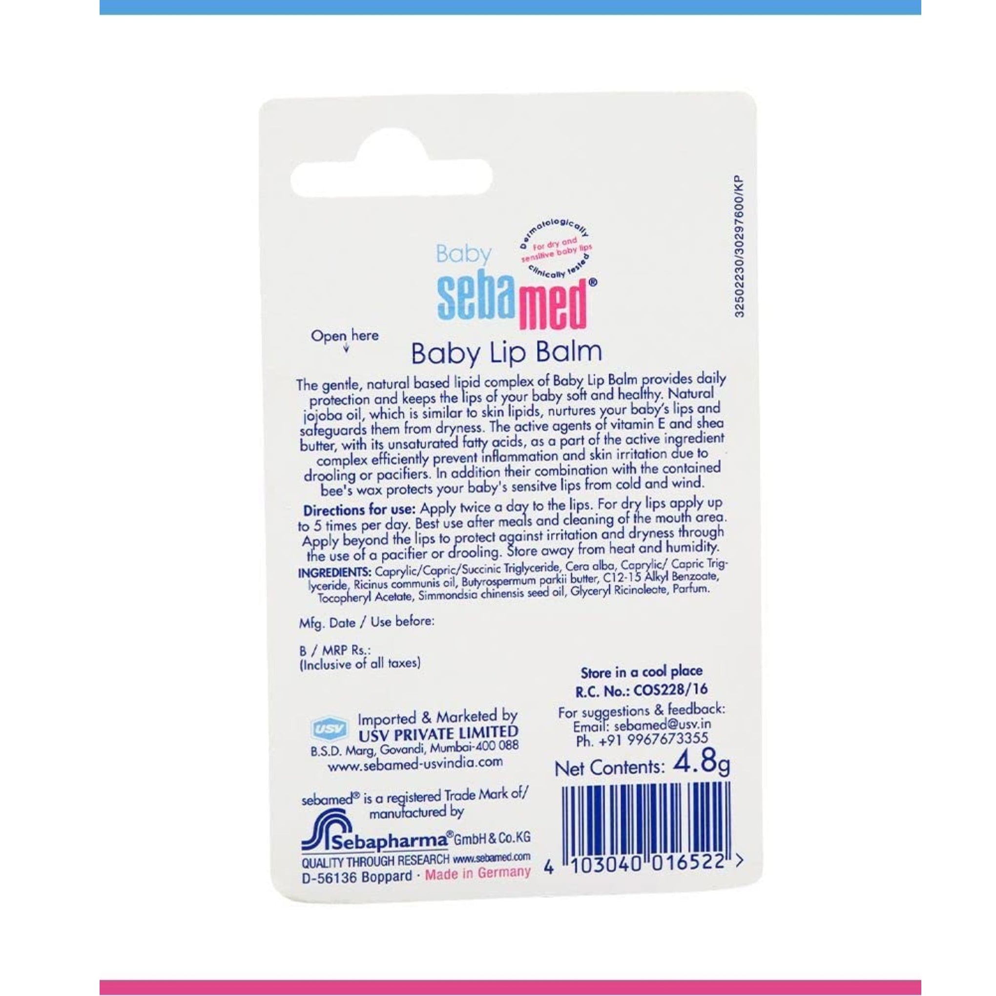 Sebamed Baby Lip Balm 4.8 gm|Soft Lips|with Shea Butter, Jojoba Oil & Beeswax|