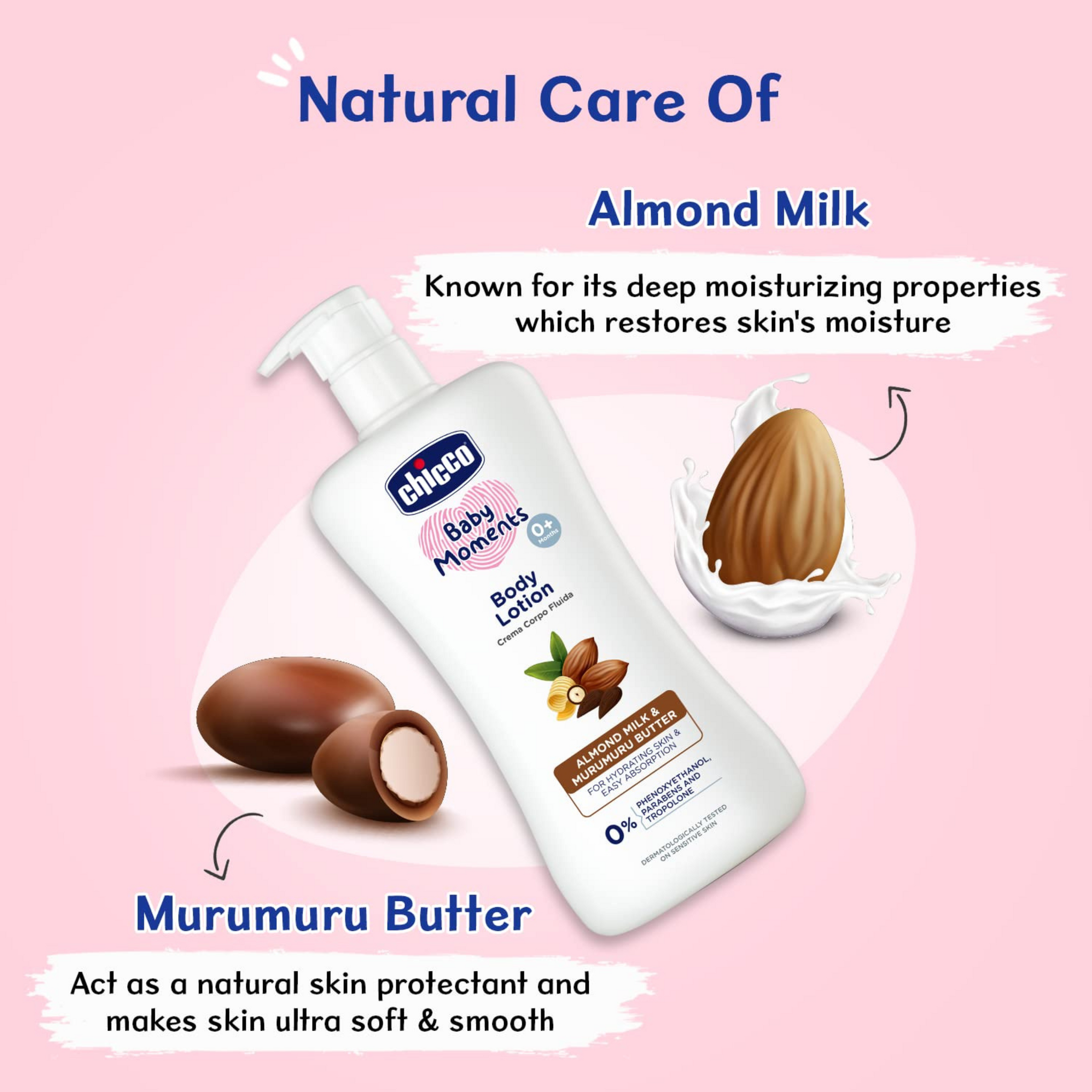 Chicco Baby Moments Body Lotion for Babies, |Almond Milk & Murumuru Butter|Quick Absorb Formula with Natural Ingredients for Ultra Soft Skin|Dermatologically Tested|Parabens & Phenoxyethanol Free