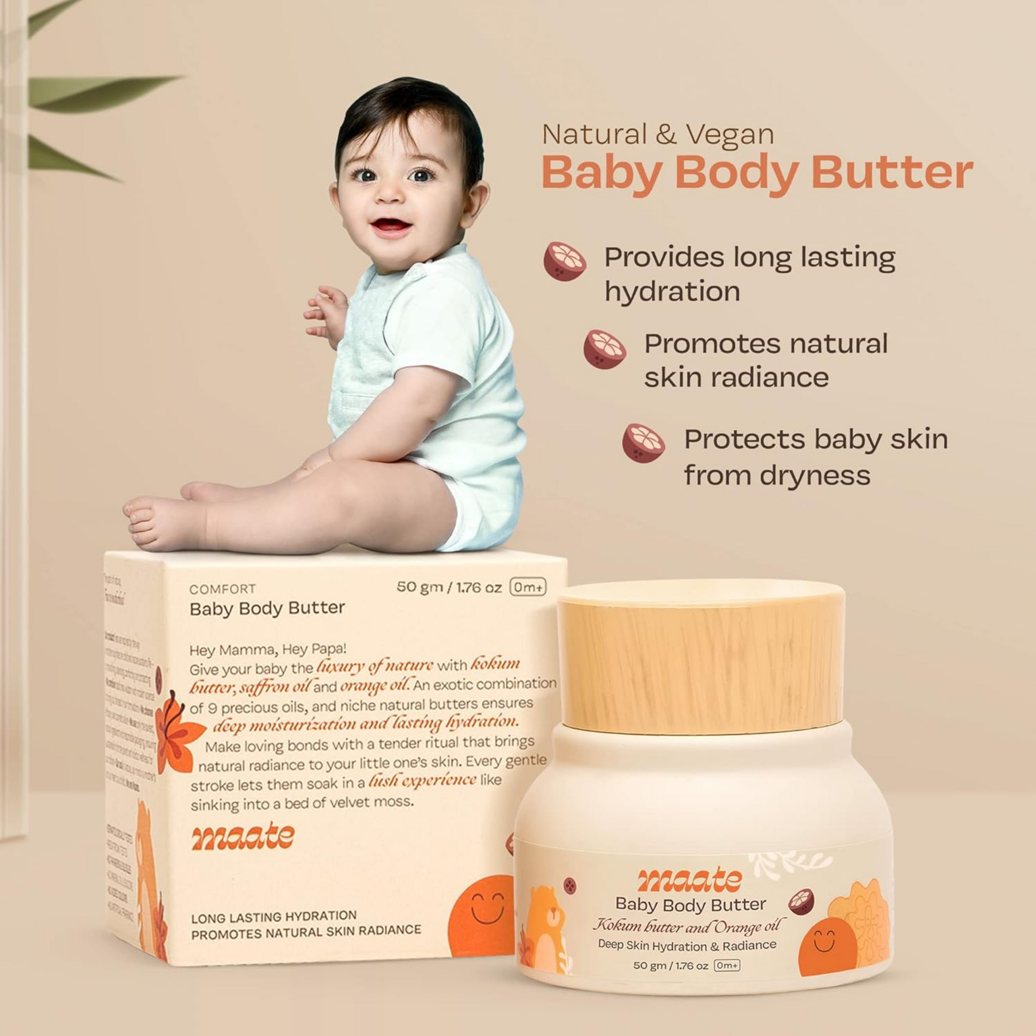 Maate Baby Body Butter (50 gm) | Enriched with Pure Kokum Butter, Shea Butter, Orange & Saffron Oil | Baby Cream For Face, Skin & Body | Baby Body Butter For Kids 0-12 years | Baby Moisturizer Cream