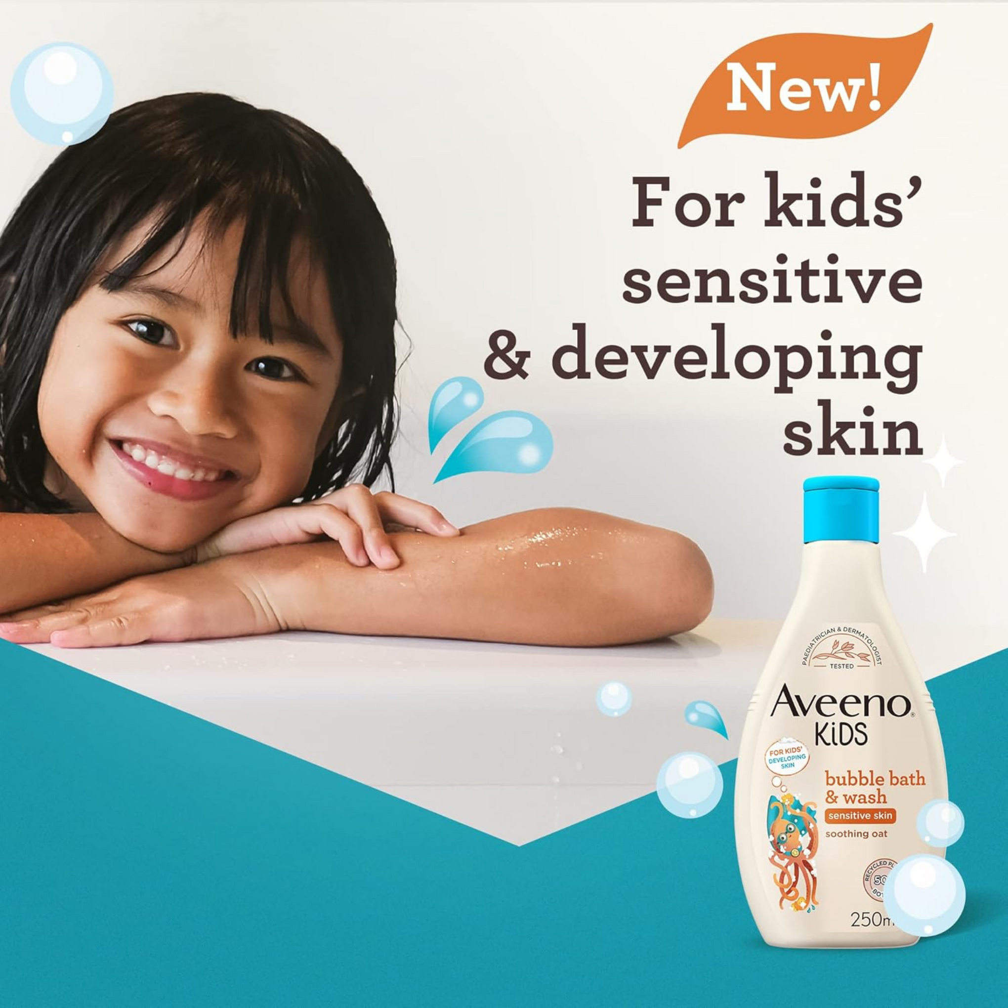 Aveeno KIDS Bubble Bath & Wash 250ml | Enriched with Soothing Oat Extract | Foam Body Wash Developed for Your Little Superhero