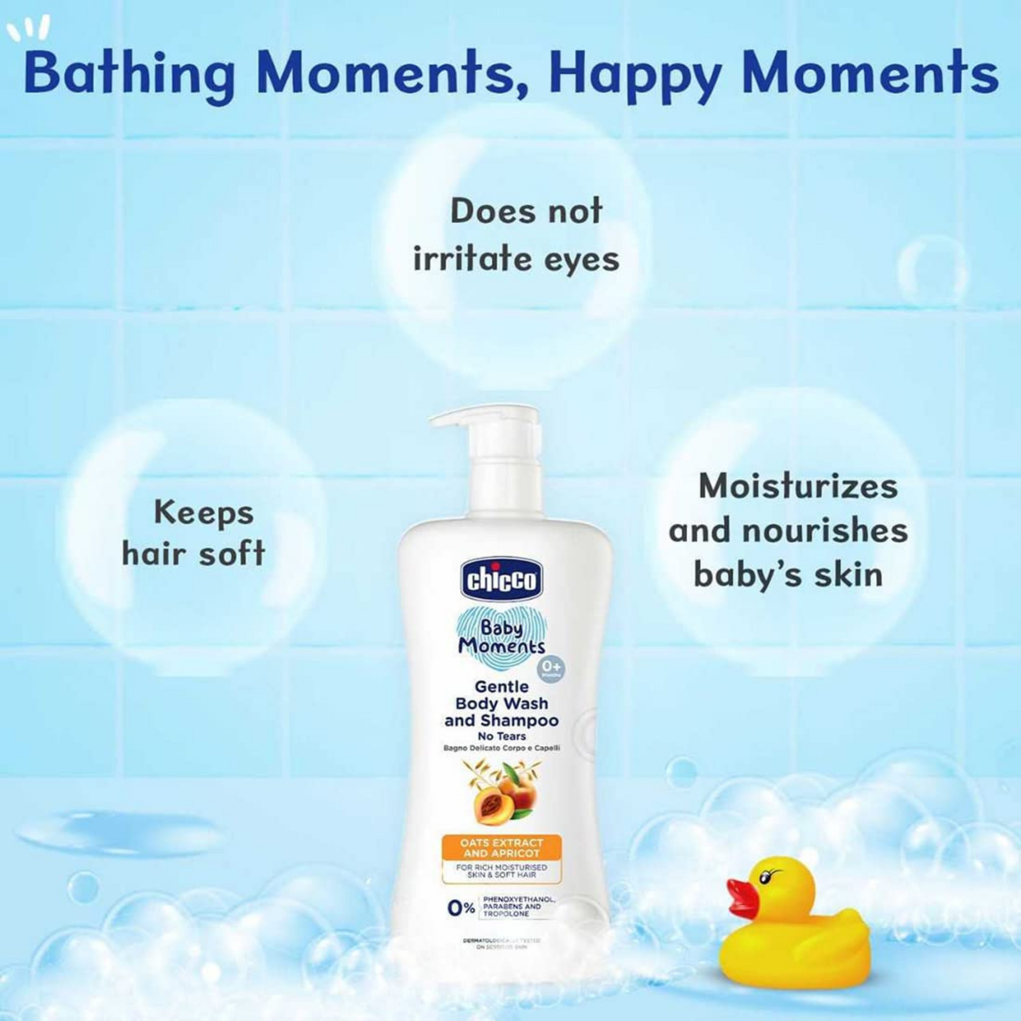 Chicco Baby Moments Gentle Bodywash & Shampoo with Oats Extracts & Apricot, 500ml |Head-to-Toe | No Tears Formula | Moisturized Skin & Hair | Dermatologically Tested | Parabens & Phenoxyethanol Free