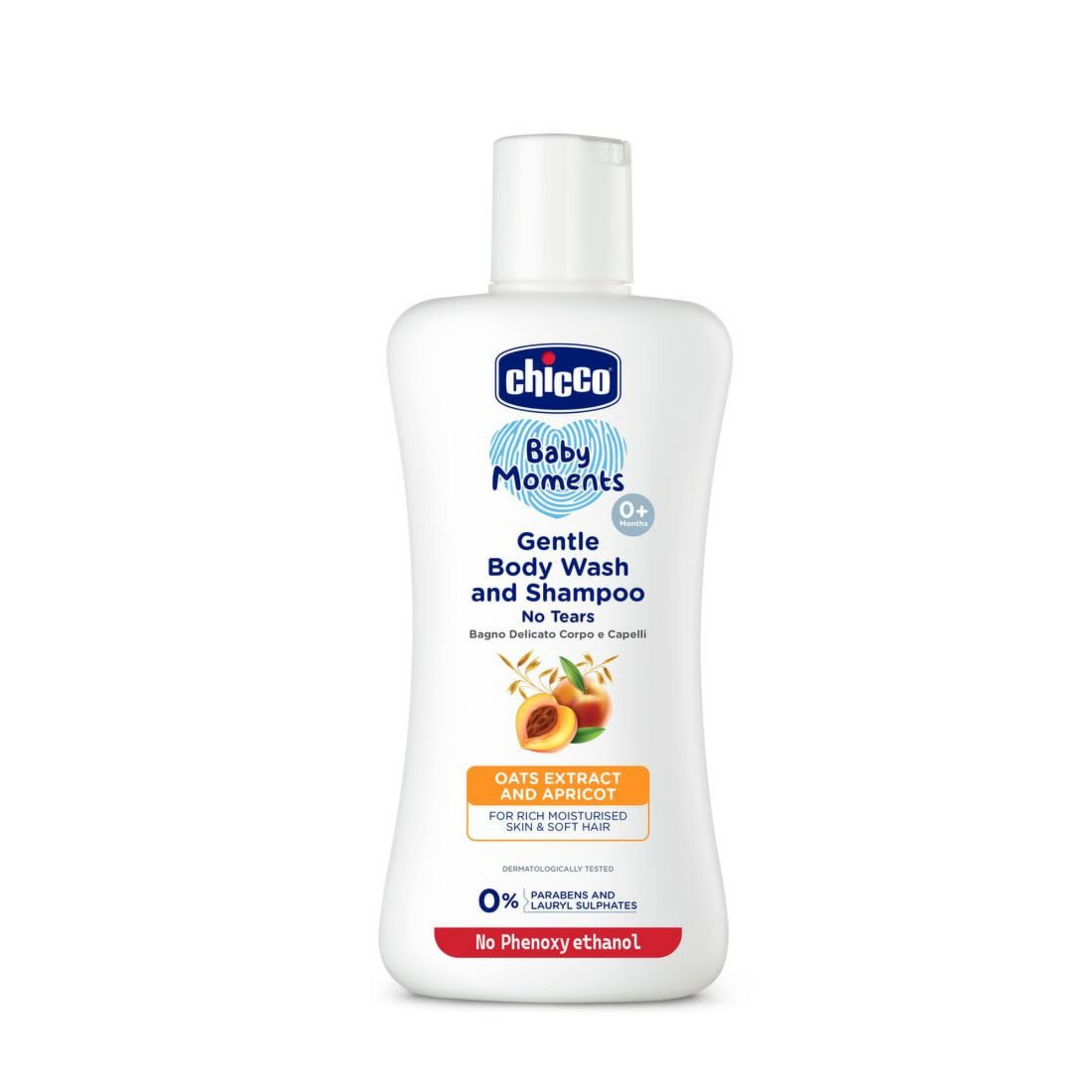 Chicco Baby Moments Gentle Bodywash & Shampoo with Oats Extracts & Apricot, 500ml |Head-to-Toe | No Tears Formula | Moisturized Skin & Hair | Dermatologically Tested | Parabens & Phenoxyethanol Free