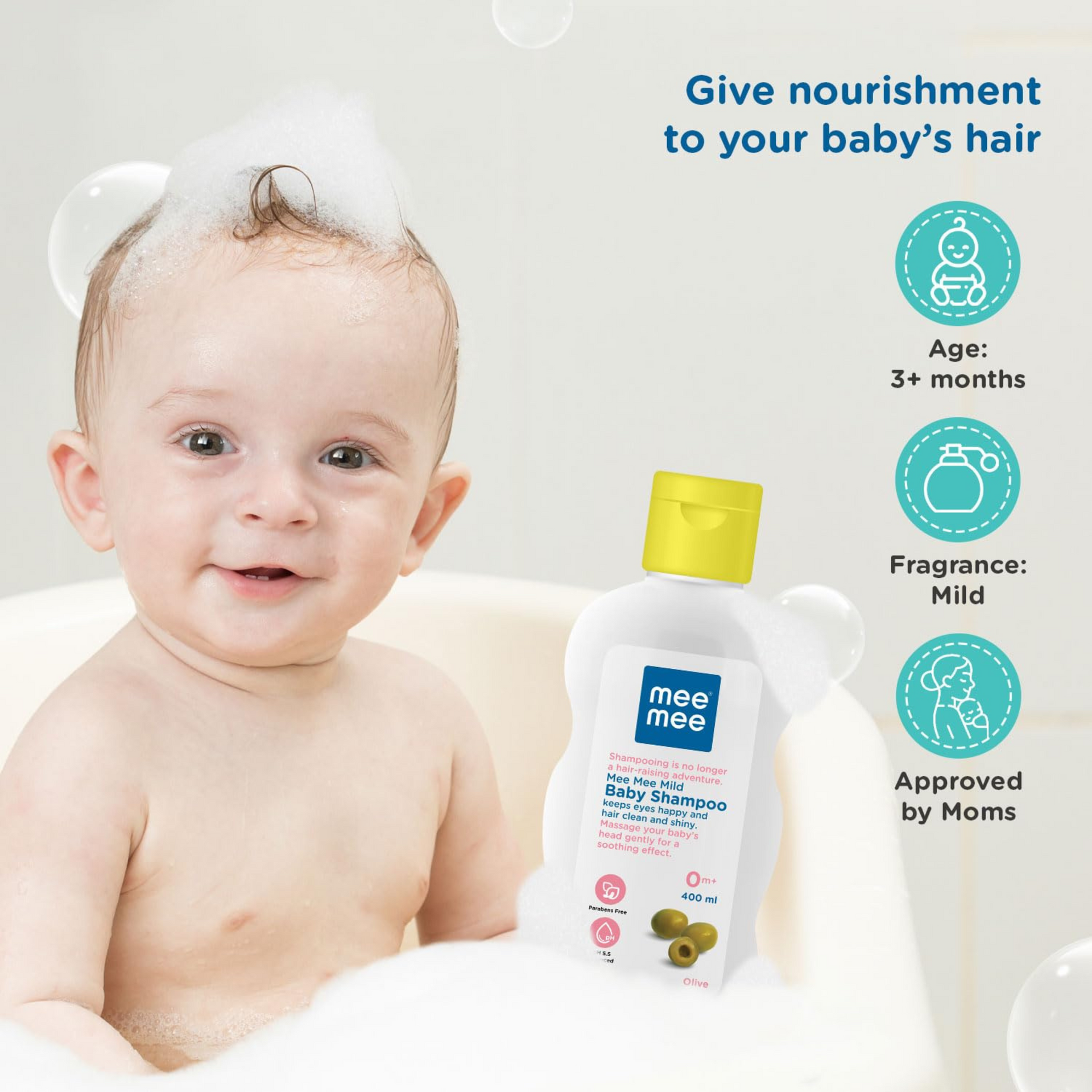 Mee Mee Gentle Baby Shampoo | For Daily Moisturizing Enriched with Olive Extracts | Tear-Free Formula Nourishes, Soothes, & Protects Sensitive Skin | Hypoallergenic, Sulfate and Paraben-Free | Skin Friendly PH