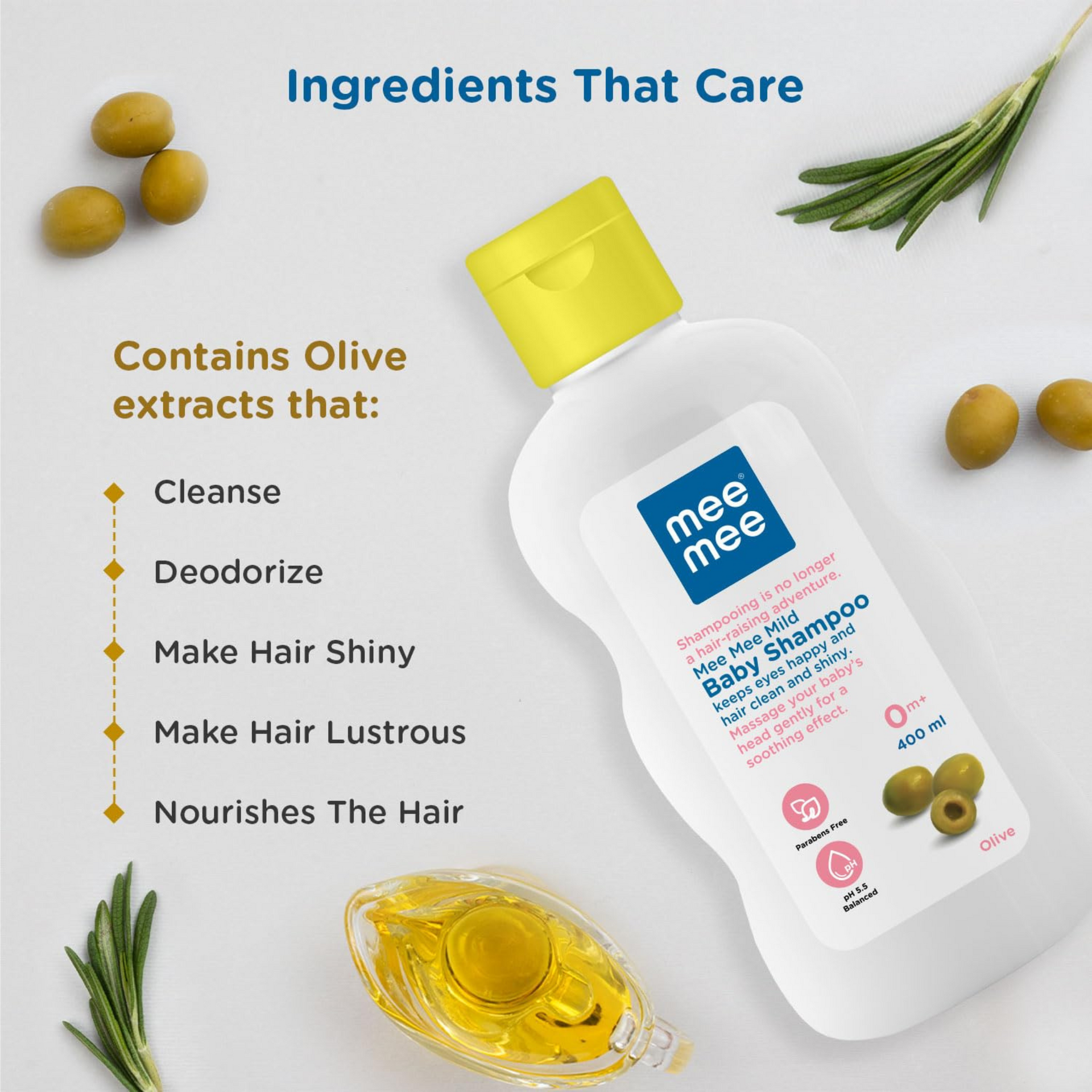 Mee Mee Gentle Baby Shampoo | For Daily Moisturizing Enriched with Olive Extracts | Tear-Free Formula Nourishes, Soothes, & Protects Sensitive Skin | Hypoallergenic, Sulfate and Paraben-Free | Skin Friendly PH