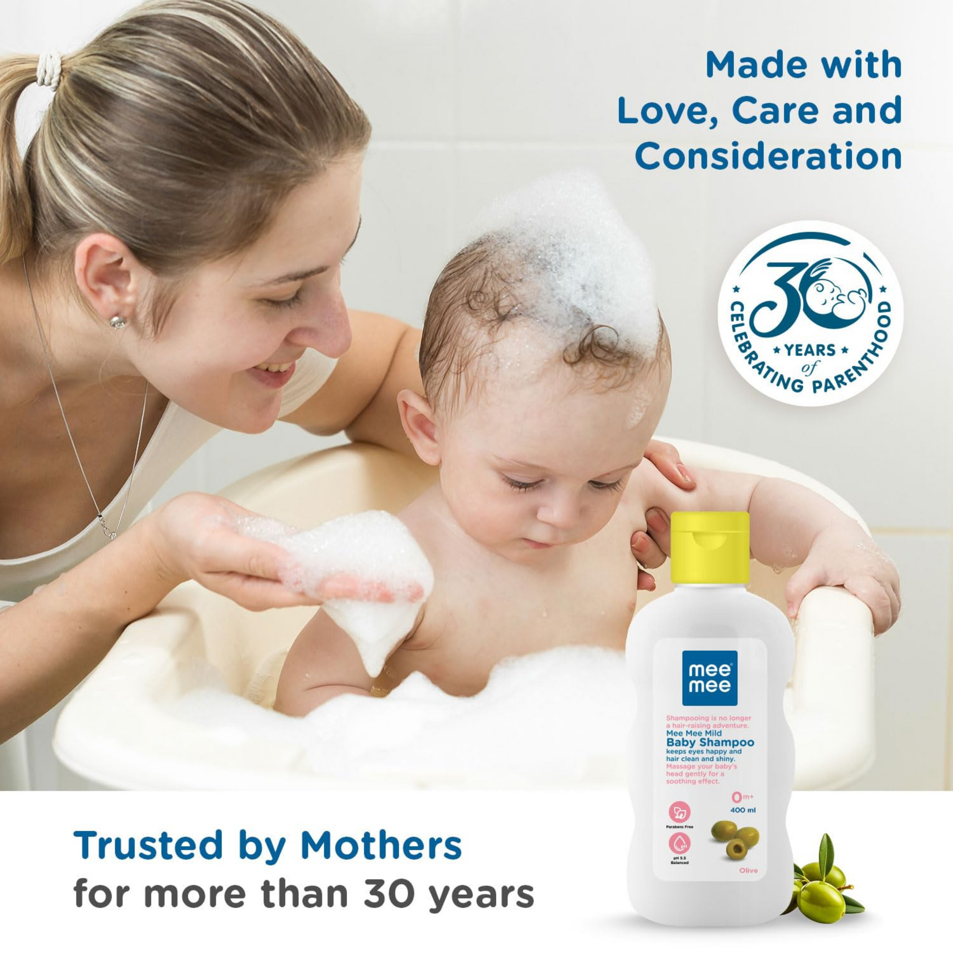 Mee Mee Gentle Baby Shampoo | For Daily Moisturizing Enriched with Olive Extracts | Tear-Free Formula Nourishes, Soothes, & Protects Sensitive Skin | Hypoallergenic, Sulfate and Paraben-Free | Skin Friendly PH