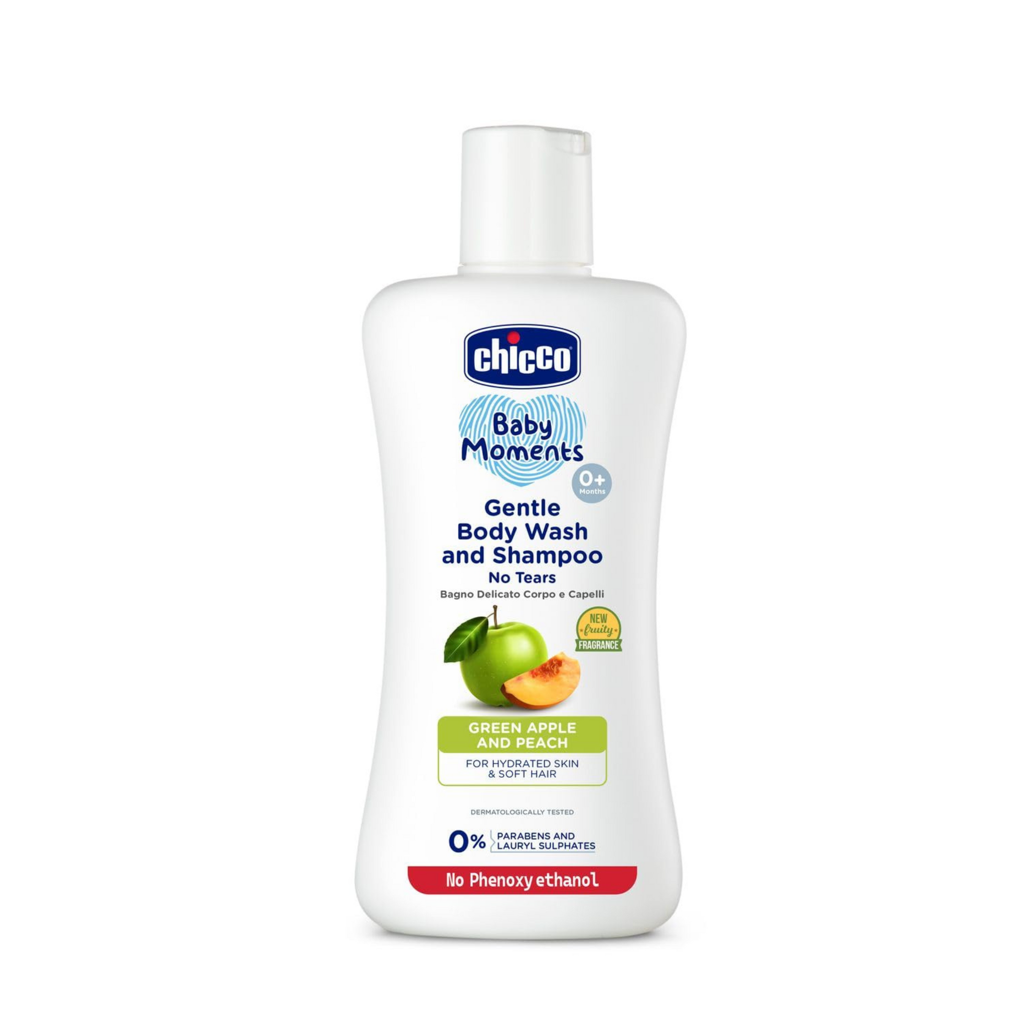 Chicco Baby Moments Gentle Bodywash & Shampoo with Green Apple & Peach, 200ml | Head-to-Toe | No Tears Formula | Hydrated Skin & Hair | Dermatologically Tested | Parabens & Phenoxyethanol Free