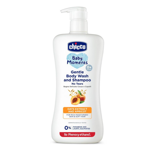 Chicco Baby Moments Gentle Bodywash & Shampoo with Oats Extracts & Apricot, 500ml |Head-to-Toe | No Tears Formula | Moisturized Skin & Hair | Dermatologically Tested | Parabens & Phenoxyethanol Free