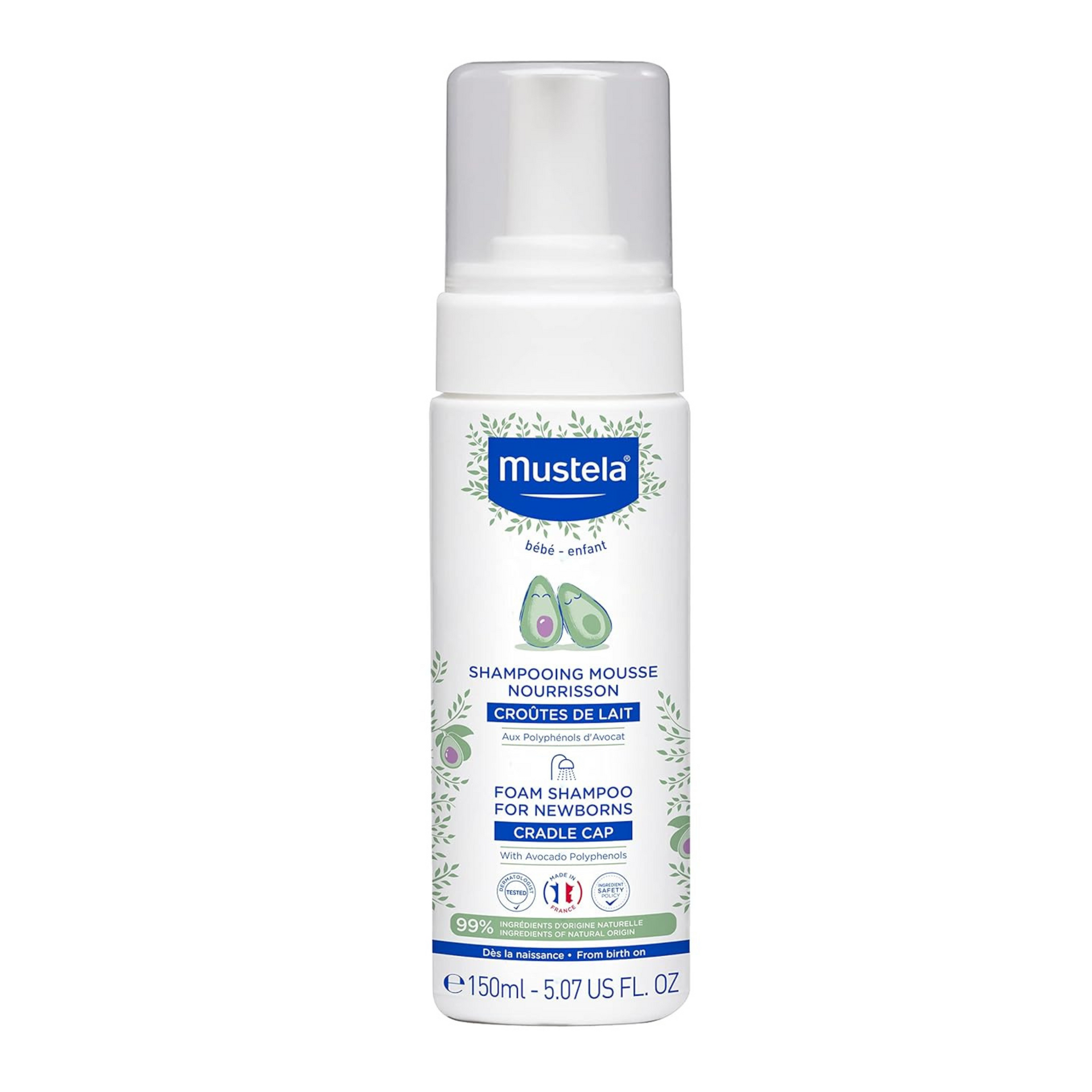 Mustela Foam Shampoo for Newborns - Tear-Free Baby Shampoo with Natural Avocado Perseose - Reduces Cradle Cap Flakes - 150ml