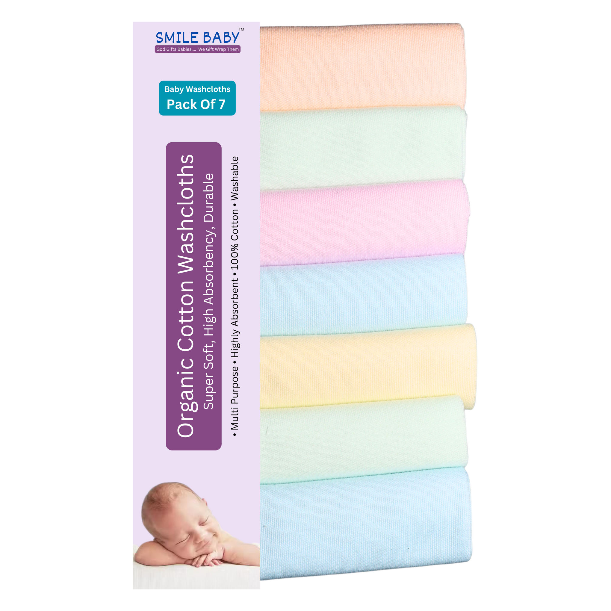 Smile Baby Washcloth for New Born 100% Hosiery Cotton/Reusable Extra Soft Face Towels washcloth for Babies (7 pieces) Color may vary (Pack of 1)