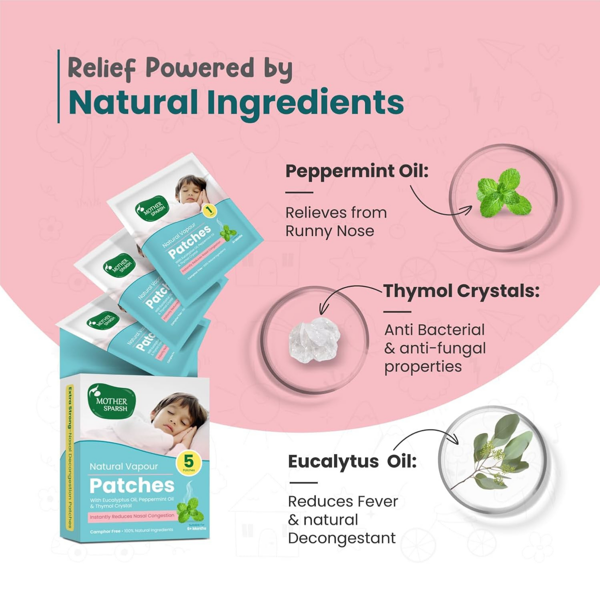 Mother Sparsh Natural Vapour Patches For Kids With Eucalyptus Oil, Peppermint Oil & Thymol Crystal (Camphor Free) | Quick Relief from Runny Nose & Nasal Congestion | Lasts Upto 8 Hrs-(Pack of 5)