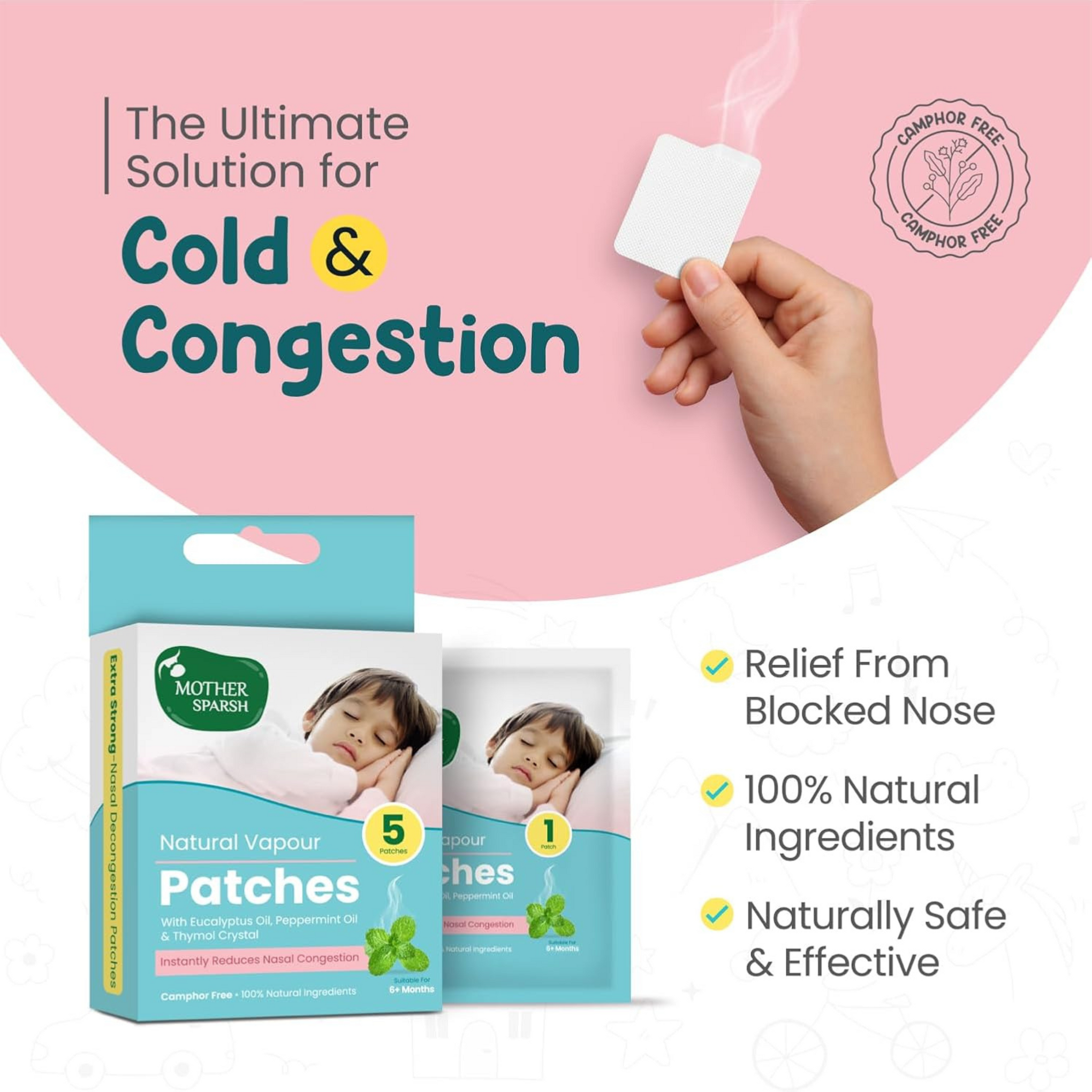 Mother Sparsh Natural Vapour Patches For Kids With Eucalyptus Oil, Peppermint Oil & Thymol Crystal (Camphor Free) | Quick Relief from Runny Nose & Nasal Congestion | Lasts Upto 8 Hrs-(Pack of 5)