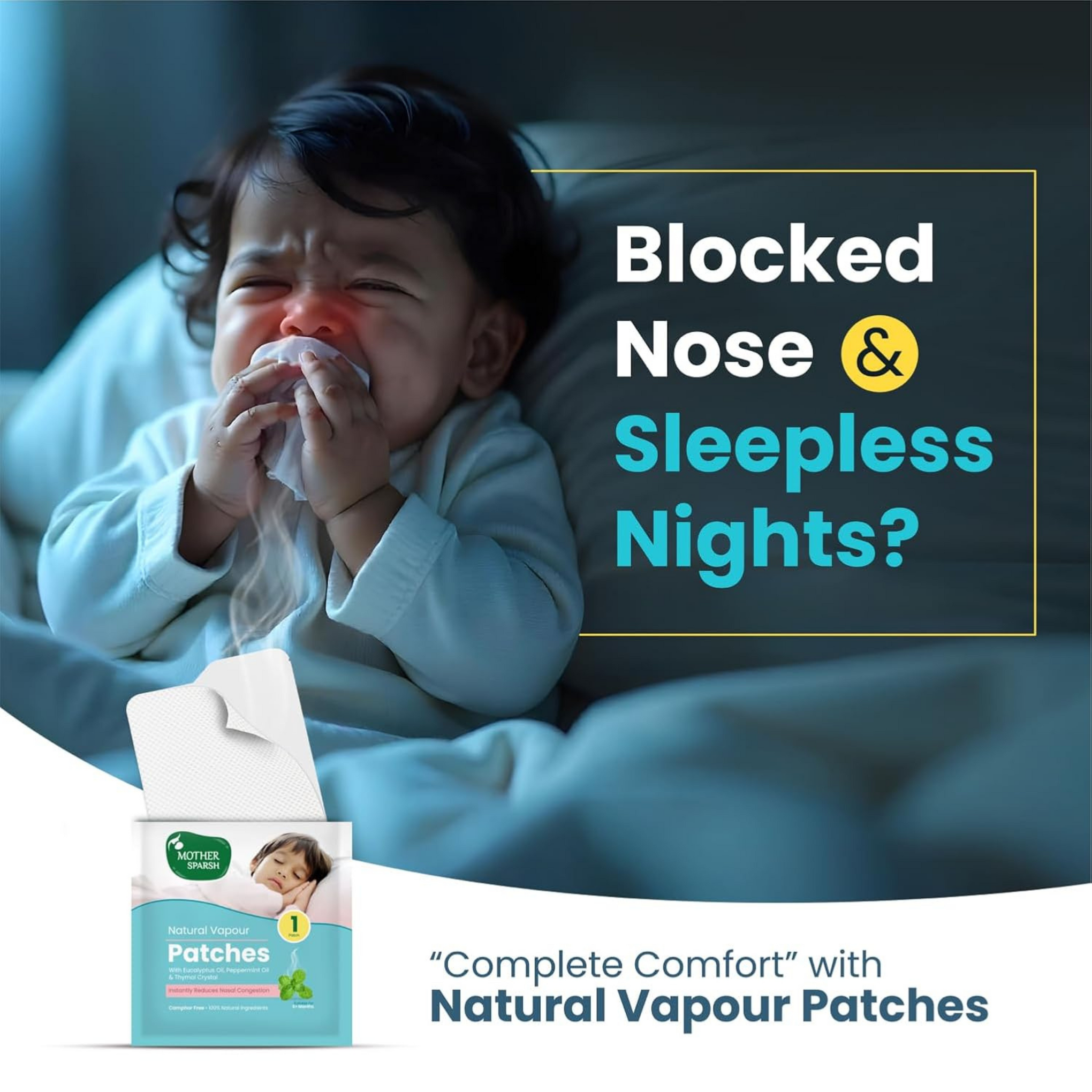 Mother Sparsh Natural Vapour Patches For Kids With Eucalyptus Oil, Peppermint Oil & Thymol Crystal (Camphor Free) | Quick Relief from Runny Nose & Nasal Congestion | Lasts Upto 8 Hrs-(Pack of 5)