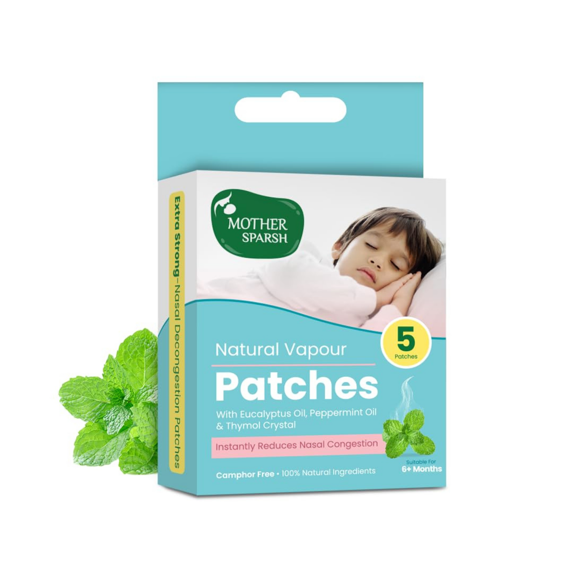 Mother Sparsh Natural Vapour Patches For Kids With Eucalyptus Oil, Peppermint Oil & Thymol Crystal (Camphor Free) | Quick Relief from Runny Nose & Nasal Congestion | Lasts Upto 8 Hrs-(Pack of 5)