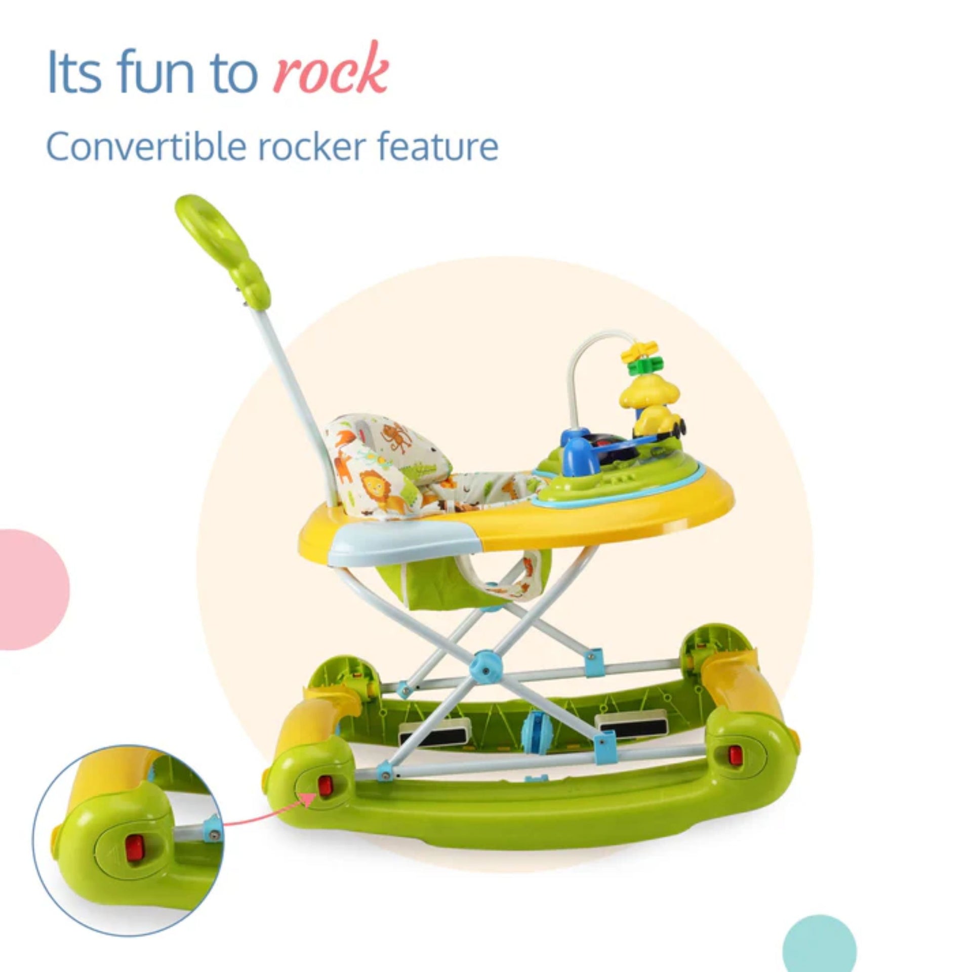 LuvLap Comfy 2-in-1 Baby Walker & Rocker with Parental Push Handle, Anti Fall, Anti Skid Mechanism, Height Adjustable with Light, Rattle & Musical Toys, Cushioned Walker for Baby 6-18months (Green)